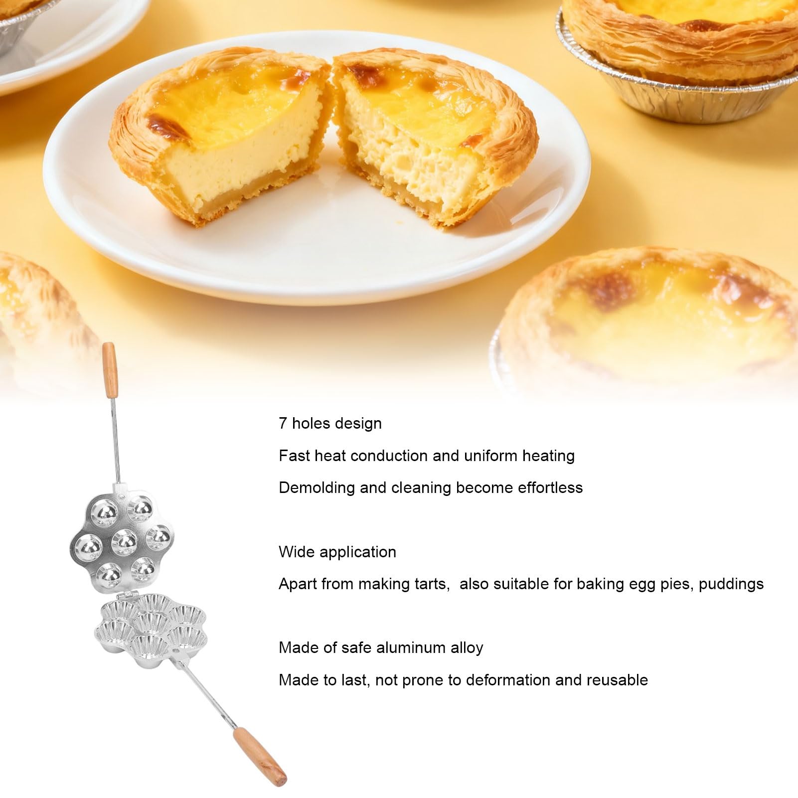 Stampo per Crostata in Metallo, Stampo per Torta Riutilizzabile in Lega di Alluminio a 7 Fori con Manico in Legno per Mini Budino per Torta, Facile Sformatura e Pulizia
