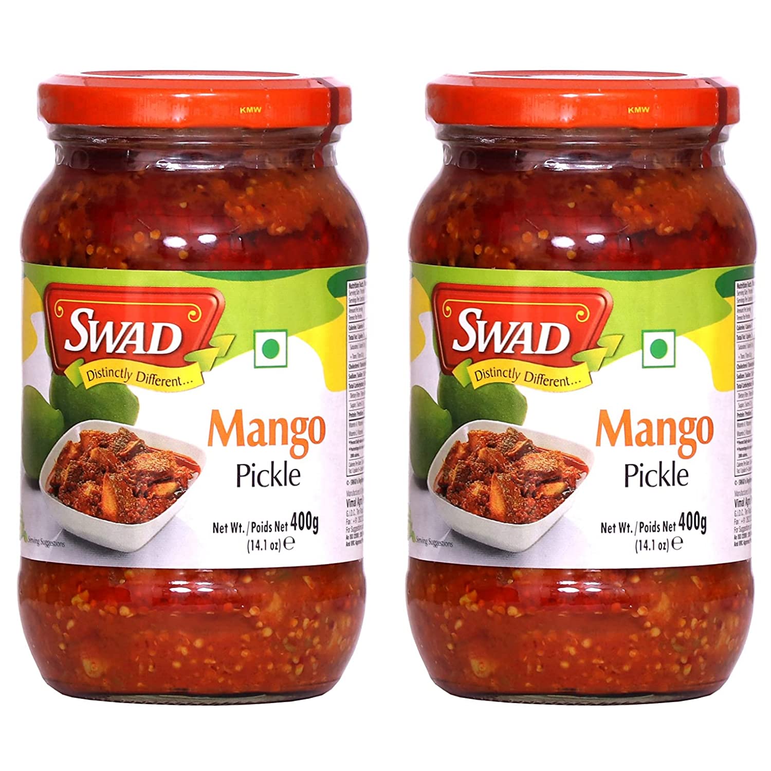 SWAD Spicy Mango Pickle | Spicy & Tangy Aam Ka Achaar with Raw Mango Chunks | Homemade Tangy & Spicy Aam Achaar Mixed with Corn Oil | 400g (Pack of 2)