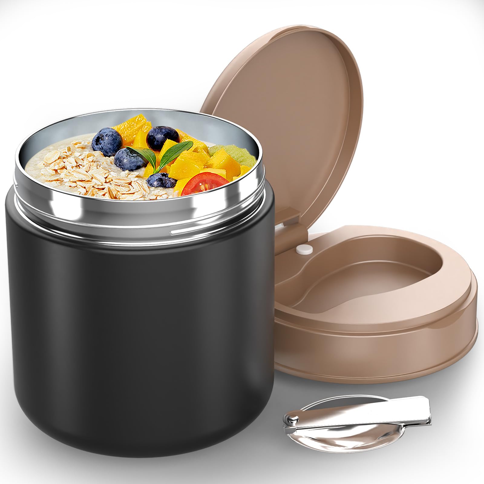 Tarro de comida aislado para sopa, recipiente de almuerzo aislado de acero inoxidable de boca ancha con cuchara plegable