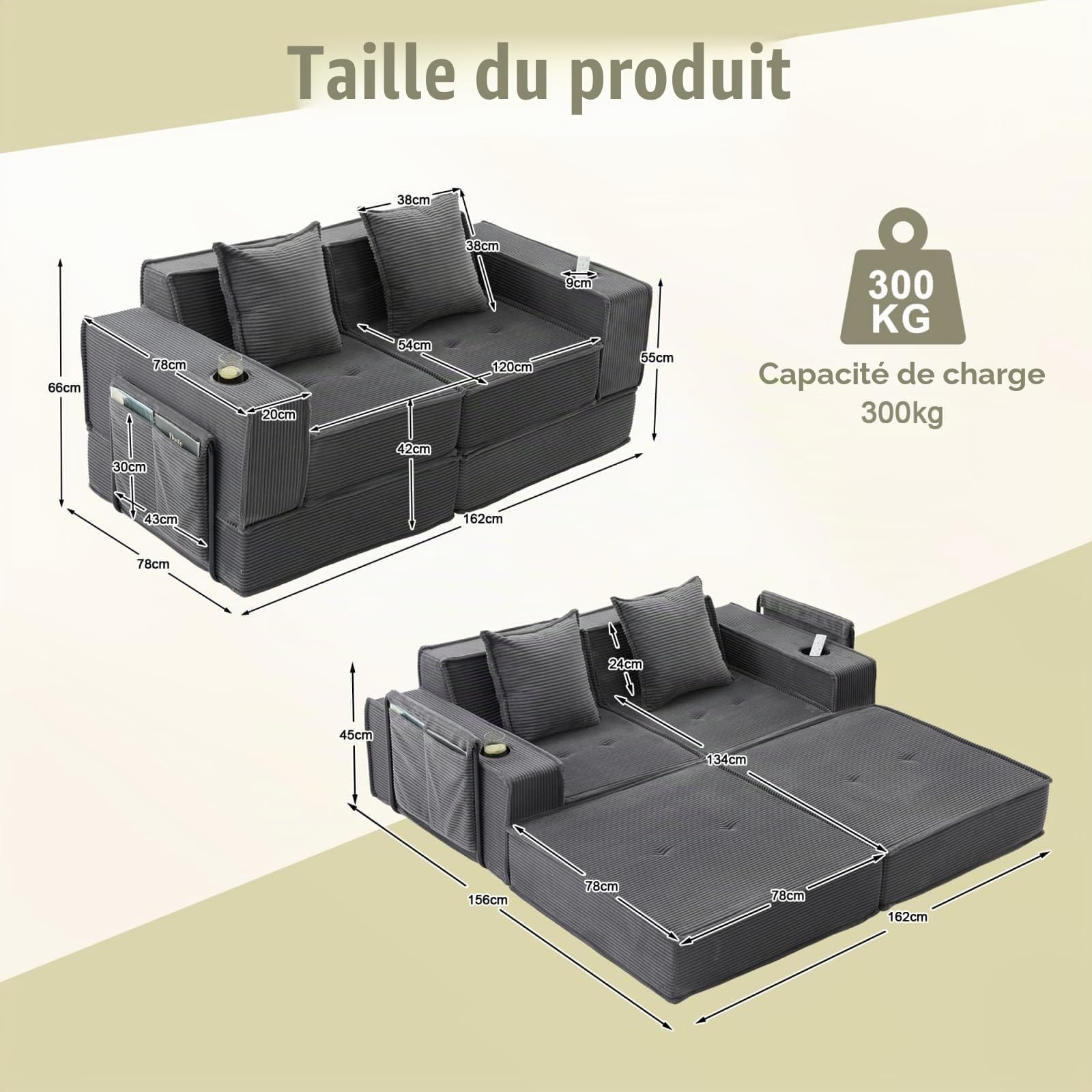 Canape 2 Places en Velours Côtelé,Canapé Lit Convertible Multifonctionnel,Design Modulable et Pliant,2 Coussins,pour Salon,Chambre,Bureau (Gris foncé-A)
