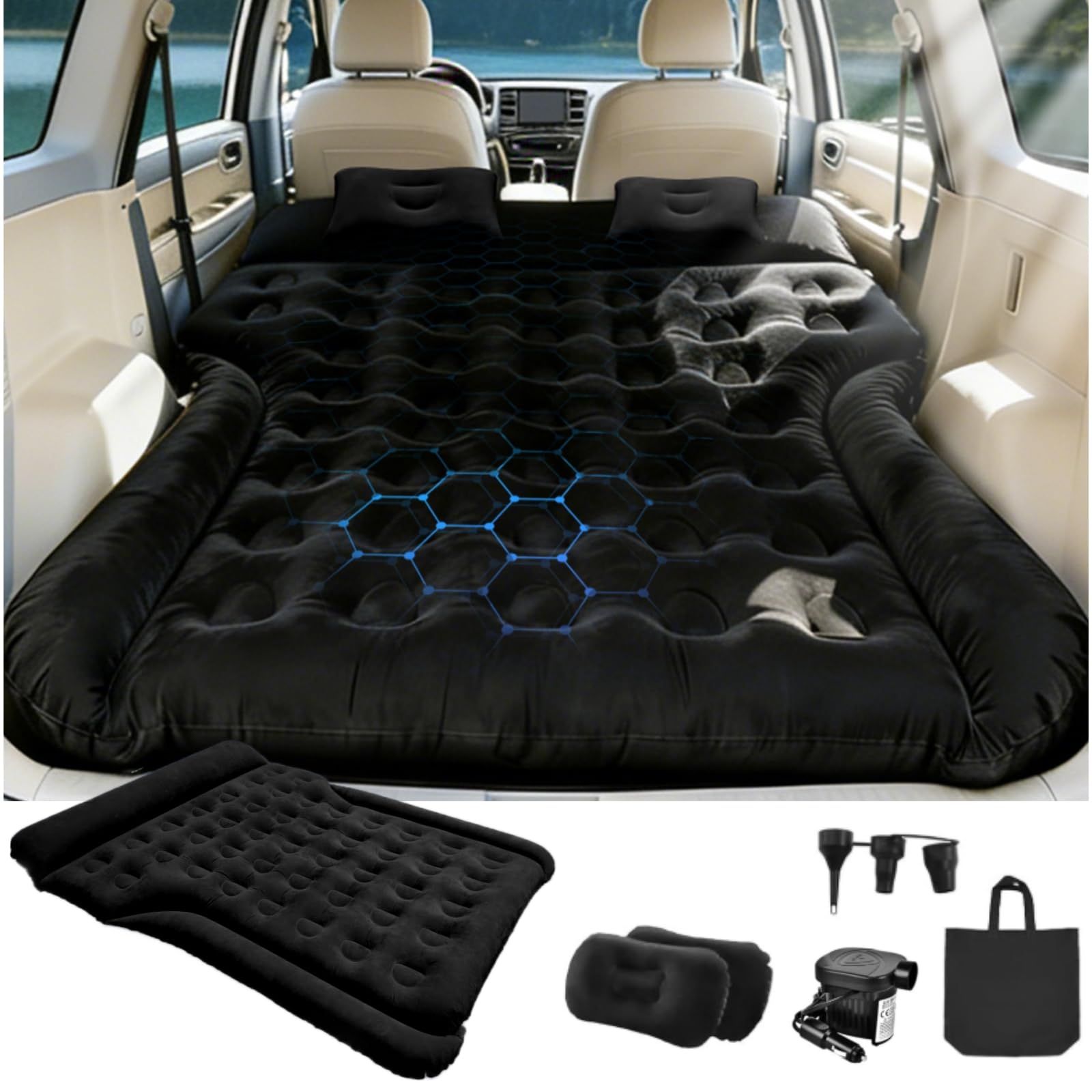 Colchón de Aire para Coche, 185x140cmx20cm SUV Cama Hinchable Coche con Bomba Aire y 2 Almohadas, Colchón Coche Hinchable para Maletero SUV Colchón de Aire Inflable para Viajes y Acampadas (Negro)