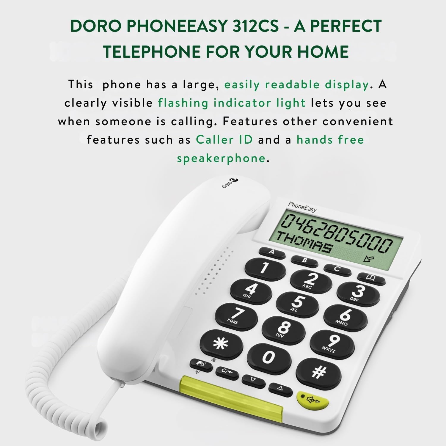 DORO - Doro PhoneEasy 312cs - Schnurgebundenes Festnetztelefon - Große Displayanzeige - Extra große Tasten - Freisprechfunktion - Lautstärkeregler - Anrufanzeige - Schwarz