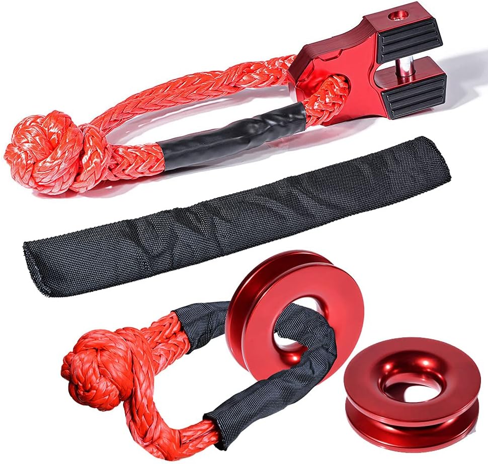 Astra Depot 2X Recovery Snatch Ring + 2pcs UHMWPE 1/2" Synthetic Soft Shackle + 1X Foldable Winch Shackle for 3/8" 1/2" Cable Rope Tow Hook Truck Trailer SUV ATV UTV Towing Tree Strap (Red)