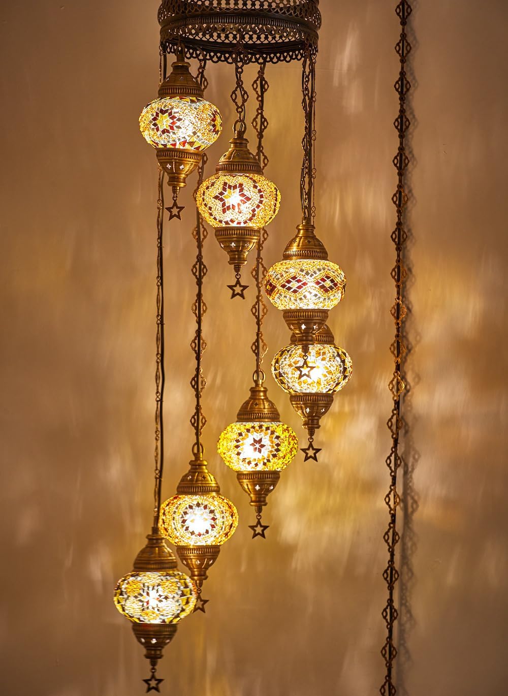 DEMMEX 7-Globe Plug-in Turkish Moroccan Mosaic Chandelier – Tiffany Style Ceiling Lamp, Hanging Pendant Light Fixture, Bohemian Swag Lighting, Handmade, 15ft Cord&Chain, Hangs 5ft, Multicolor
