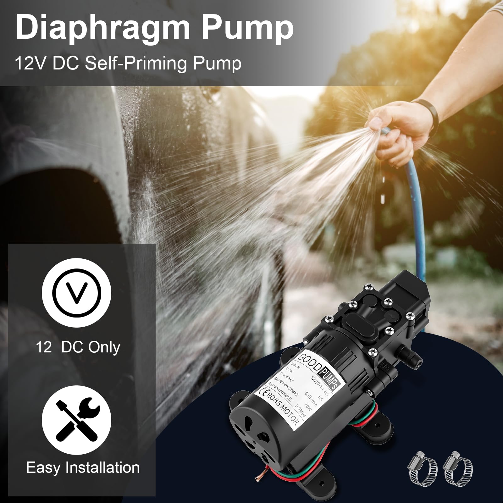 12V DC Membranpumpe, 6A Einstellbare Selbstansaugende Sprühpumpe mit Druckschalter 6L/Min 0.9MPA 80PSI, Wassertransferpumpe Geeignet für RV Camping Dusche Garten
