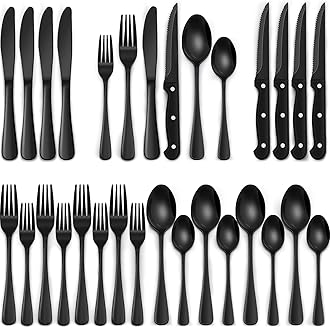 EWFEN 24-Piece Black Silverware Set with Steak Knives, Black Flatware Set for 4, Food-Grade Stainless Steel Tableware Cutlery Set, Mirror Finished Utensil Sets for Home Restaurant, Round Edge