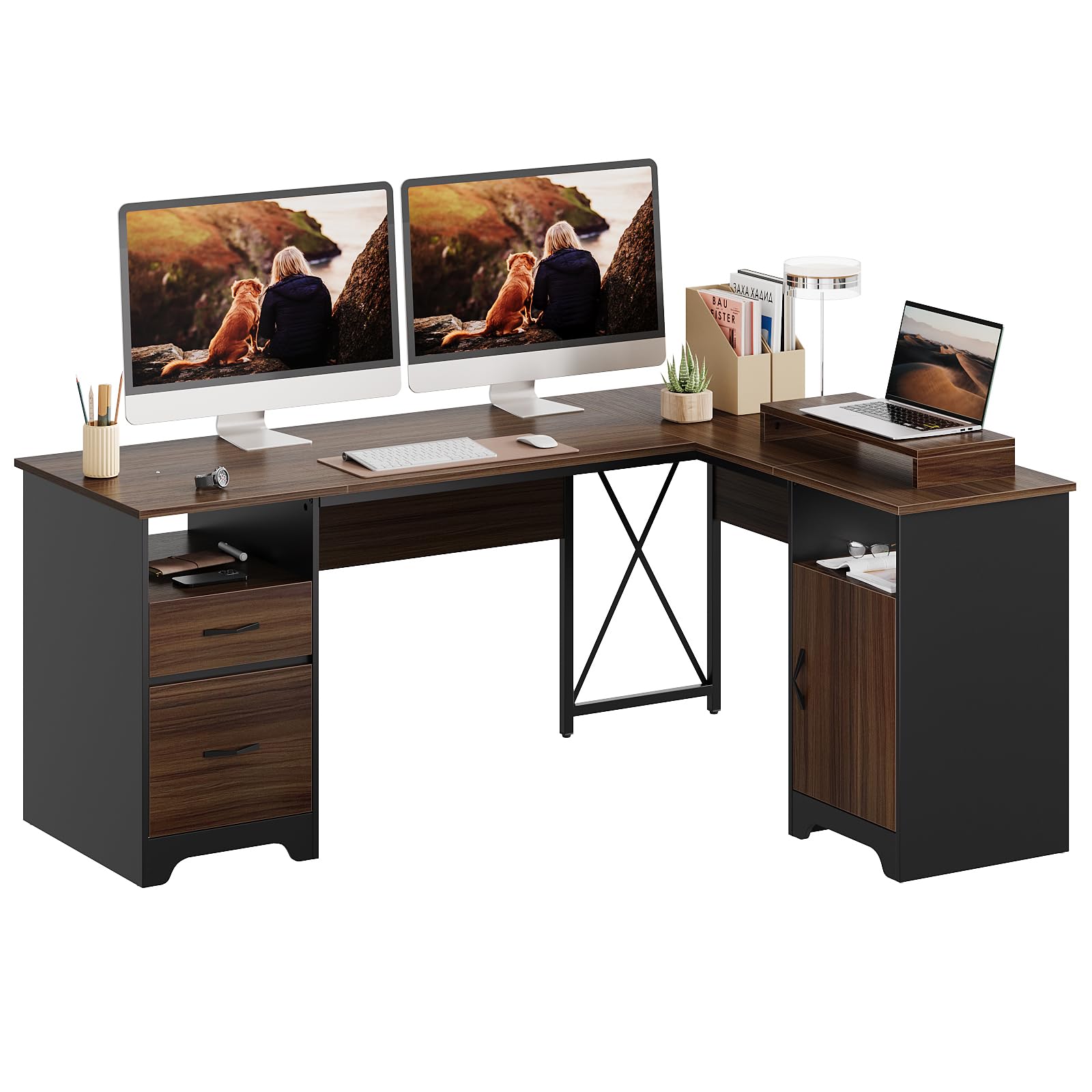 bestier l shaped desk with file drawers, 63" x 47" office computer desk with storage cabinet, corner desk with monitor stand & modesty panel for home office, cherry