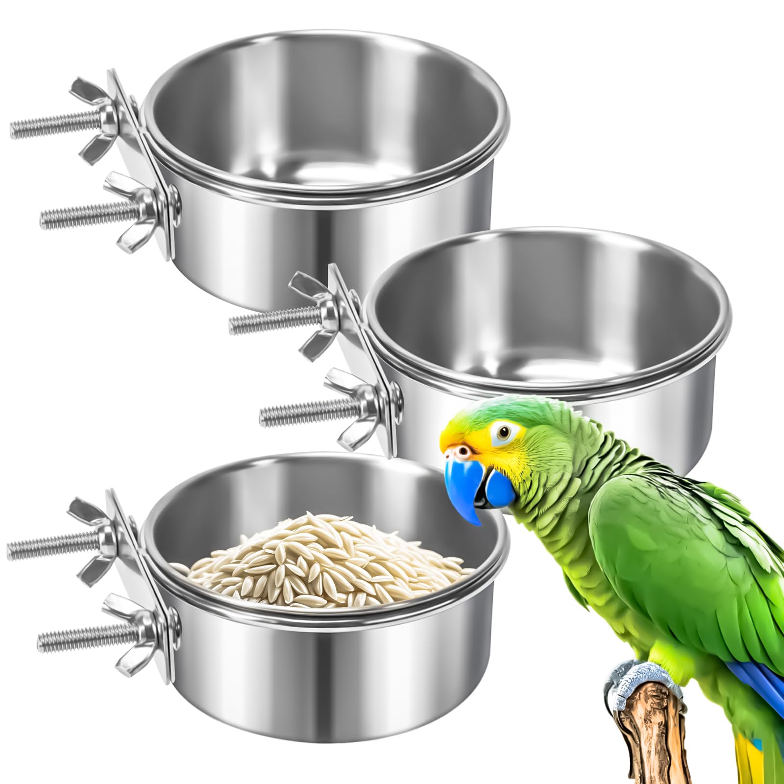 MotBach 3 Pack Bird Feeding Bowls Cups Parrot Food Water Dishes, Stainless Steel Bird Bowl Cup Dish with Clamp, Birdcage Feeder Pet Cage Bowls for Parrot Cockatiel Budgie Conure Parakeet Small Animal