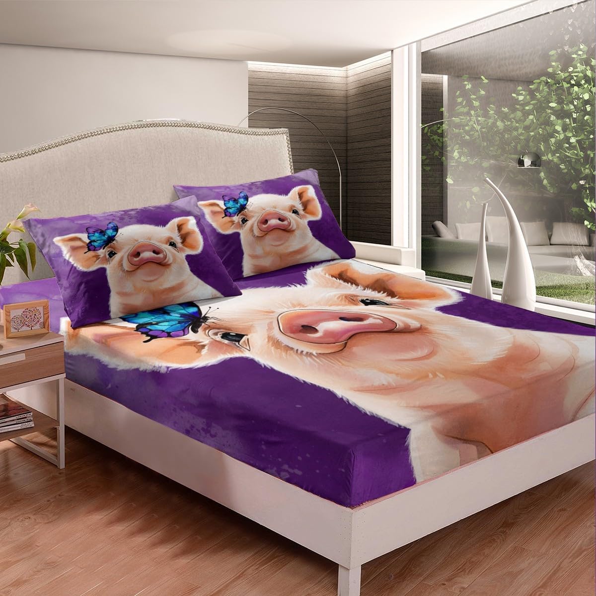 Feelyou Kids Cute Pig Bed Sheets Set Full Size, Cartoon Pink Pig Sheets with Deep Pocket Fitted Sheet for Toddler Boys Girls Lovely Piggy Sheet Set Farm Animal Bedding Set Soft Bed Set 4Pcs