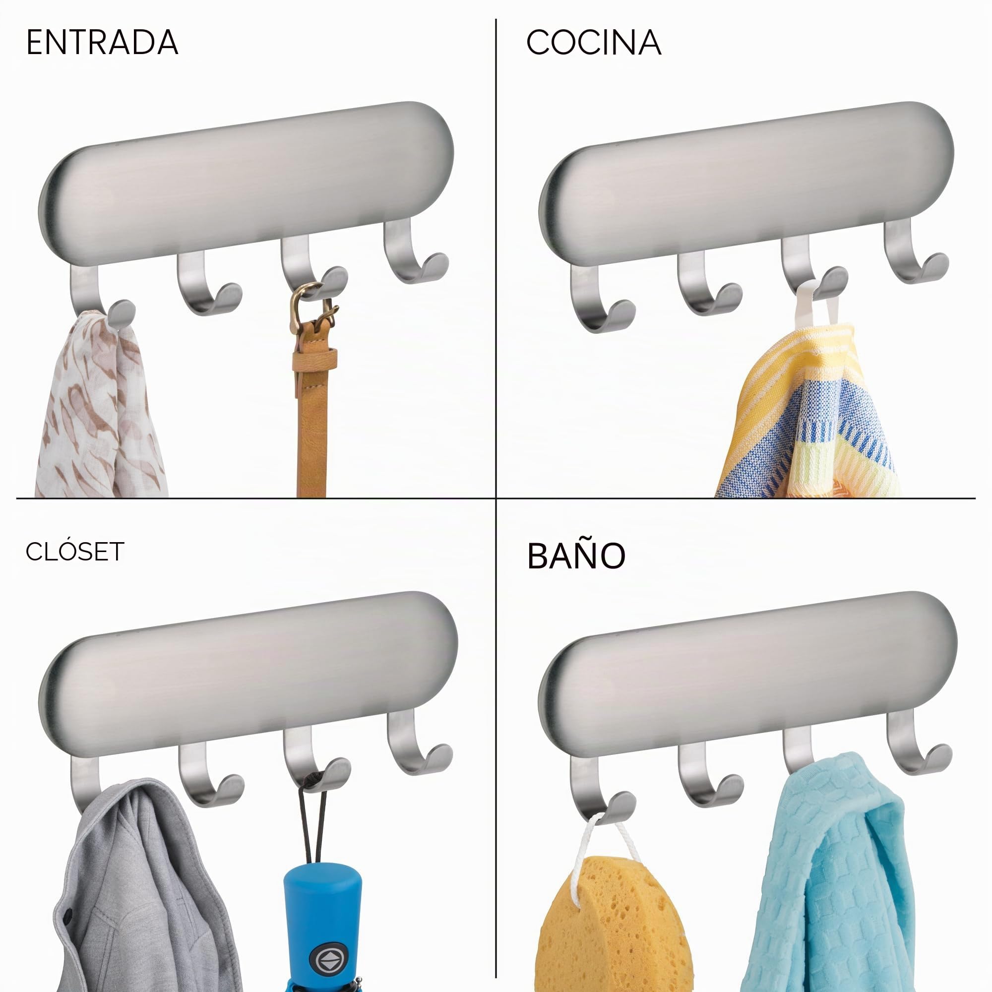 iDesign Ganchos adhesivos de pared, colgador adhesivo pequeño de acero, llavero de pared con 4 ganchos para llaves, bufandas, paños y otros accesorios, plateado mate | 4 ganchos, para entrada, cocina