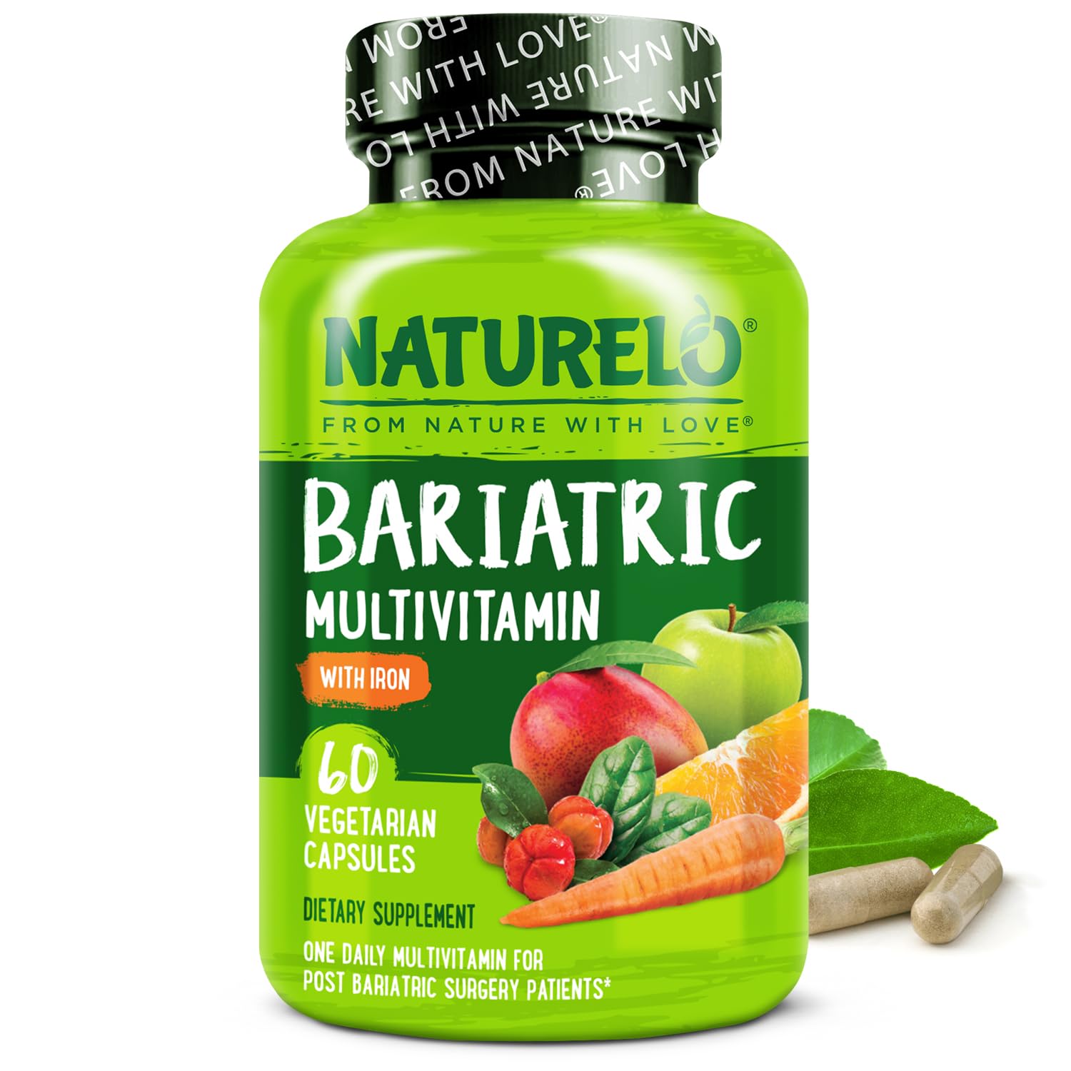 NATURELO Bariatric Multivitamin - One Daily with Iron - Supplement for Post Gastric Bypass Surgery Patients - Natural Whole Food Nutrition - 60 Veggie Capsules