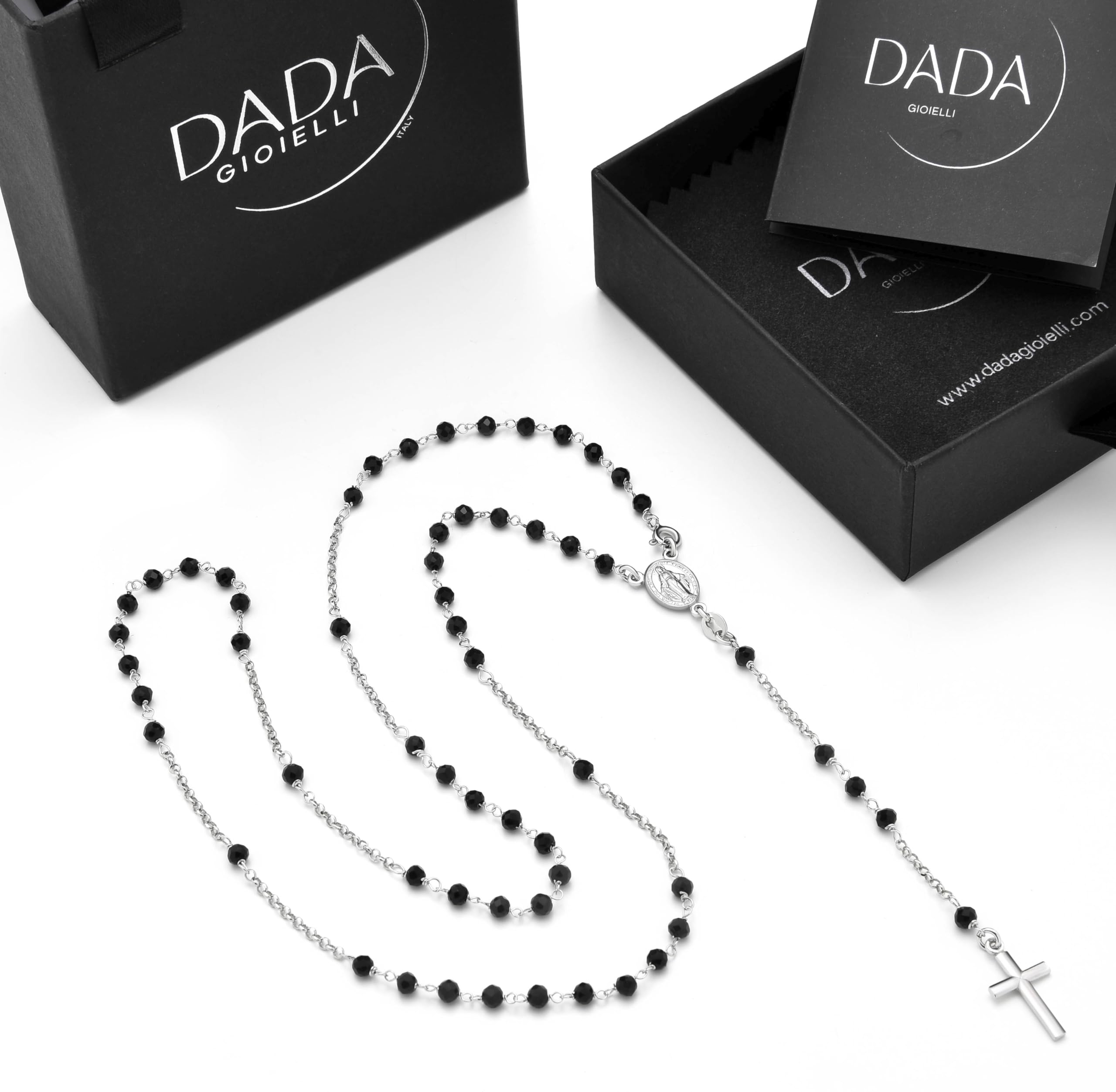 Dada Gioielli - Naszyjnik różaniec ze srebra próby 925 z medalem Cudownej Madonny, krzyżem i medalem Matki Boskiej - Okrągły dekolt dla mężczyzn i kobiet regulowany rozmiar