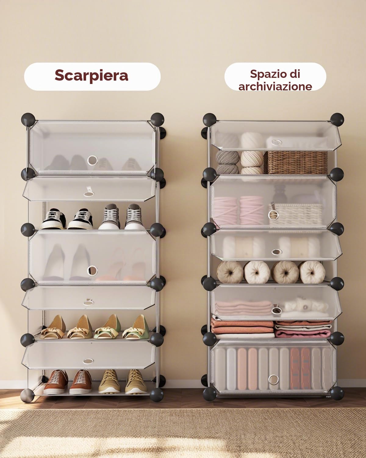 Sekey Scarpiera a 10 ripiani, scarpiera salvaspazio, in plastica, per corridoio, camera da letto, ingresso, spogliatoio, 43 x 31 x 173 cm, bianco e trasparente