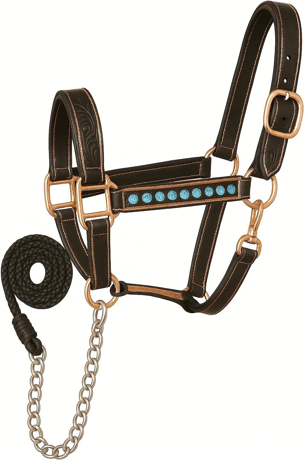 Handcrafted Leather Horse Halter – Tooled Design with Crystals, Cushioned Padding, Adjustable Fit, Chain Lead Pony M58