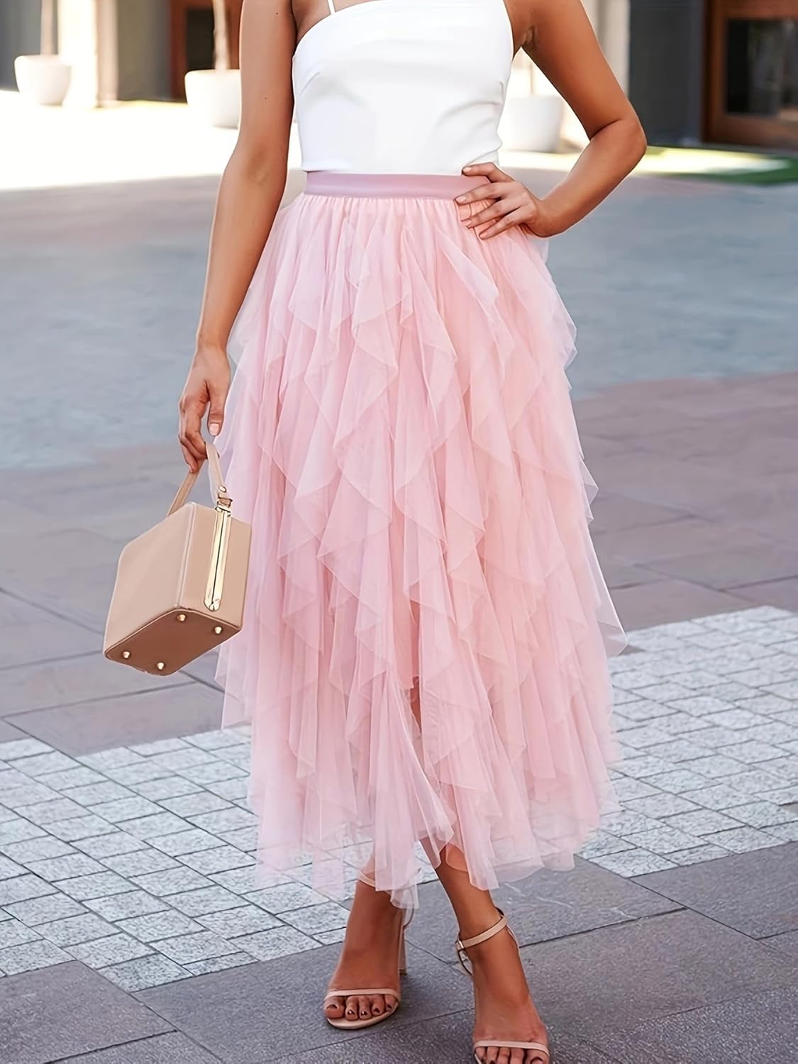 Womens Tulle Skirt A Line Midi Ruffle Mesh High Waisted Formal Fairy Flowy Tiered Skirts - Image 3