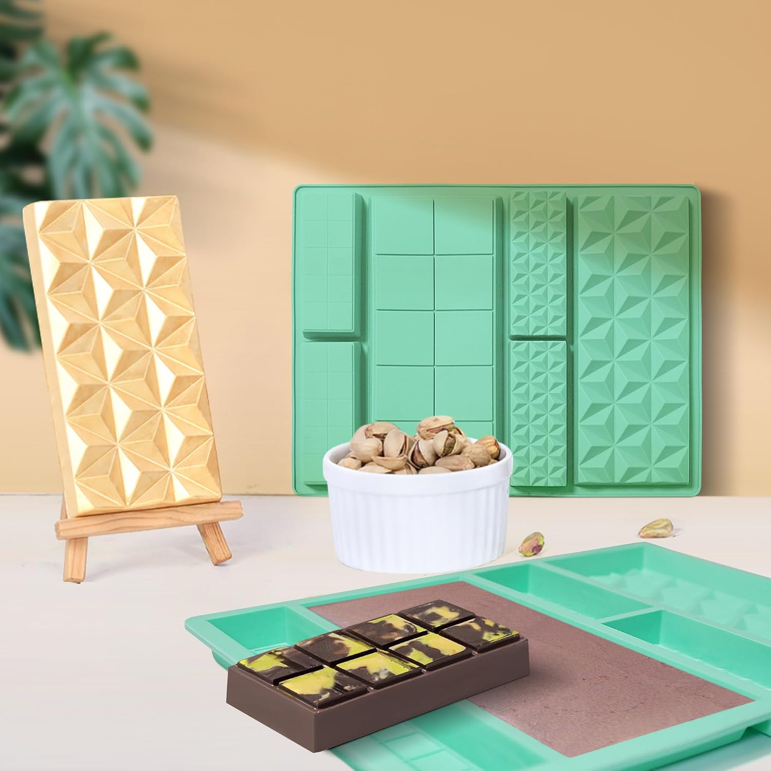 Zorazio 2Pack Dubai Chocolate Bar Mold Extra Deep,Non-stick Stuffed Chocolate Bar Mold 1Inch, Break Apart Chocolate Molds for Filling Knafeh Pistachio Dubai image 4