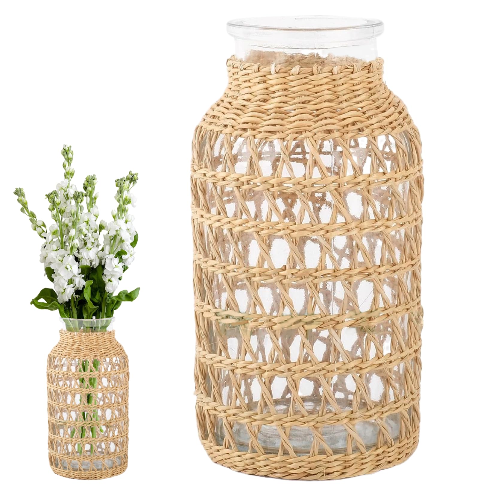 Vase en verre avec rotin pour stabiliser vos fleurs et sublimer votre table ferme