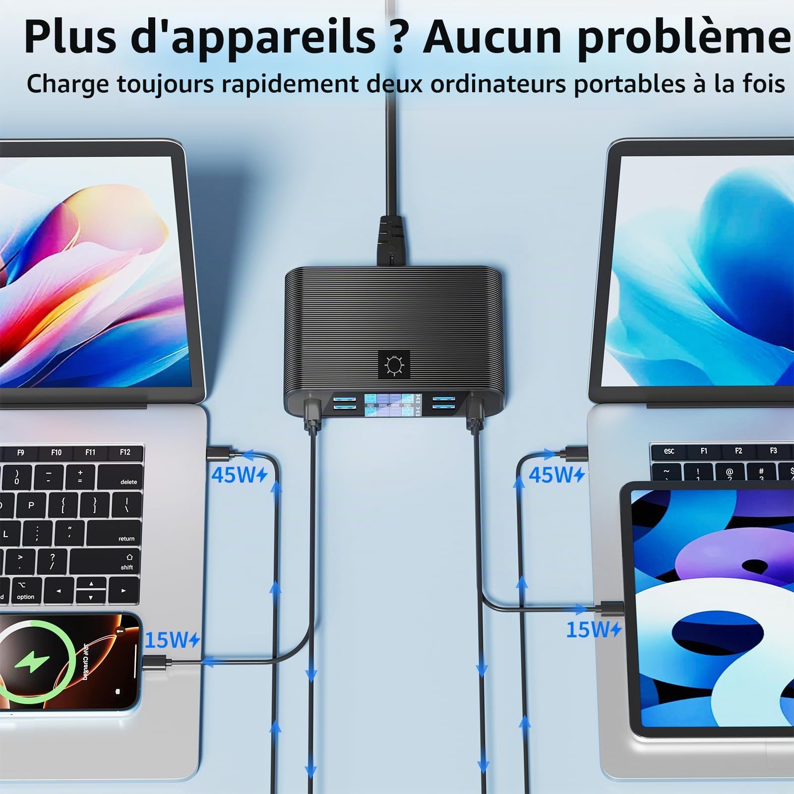 Chargeur USB C Multiple 8 Ports avec Écran LED 300W Station Charge | GaN Rapide PD PPS Chargeur USB C 65W QC3.0 USBA Charger Multi pour Macbook Ordinateurs Portables iPhone Pad, Noir