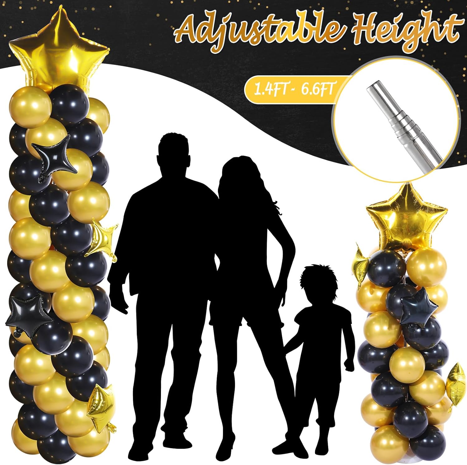 Gejoy Black Gold Balloons Column Stand Kit Adjustable Tower Stand from 1.4 to 6.6 ft with Bases for Halloween Wedding Birthday Baby Shower Holiday Party