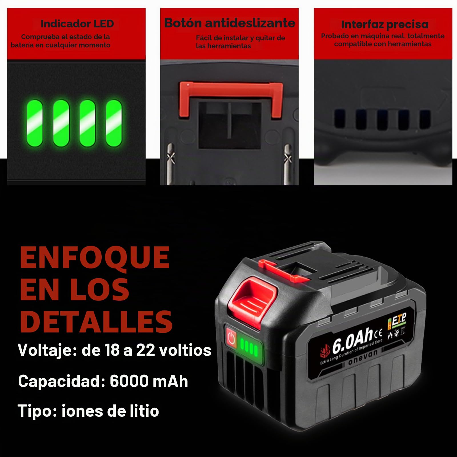21V Batería de Litio con Cargador, 1x 6000mAh, para Herramientas ONEVAN | 21V aumento de voltaje, BMS protección múltiple, indicador LED, paquete de baterías para herramientas ONEVAN, plug-and-play