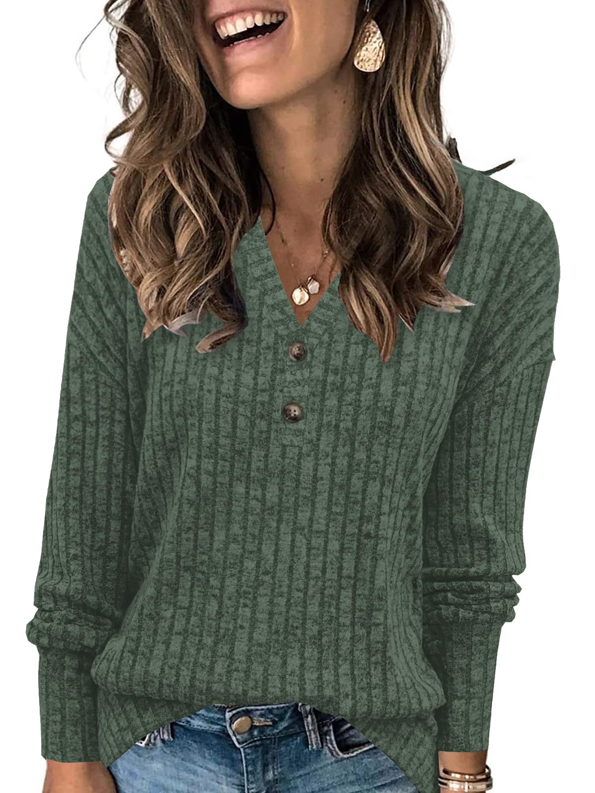 Womens Lightweight Sweaters Button Down Fall Long Sleeve Pullover Shirts Business Casual Tunic Tops