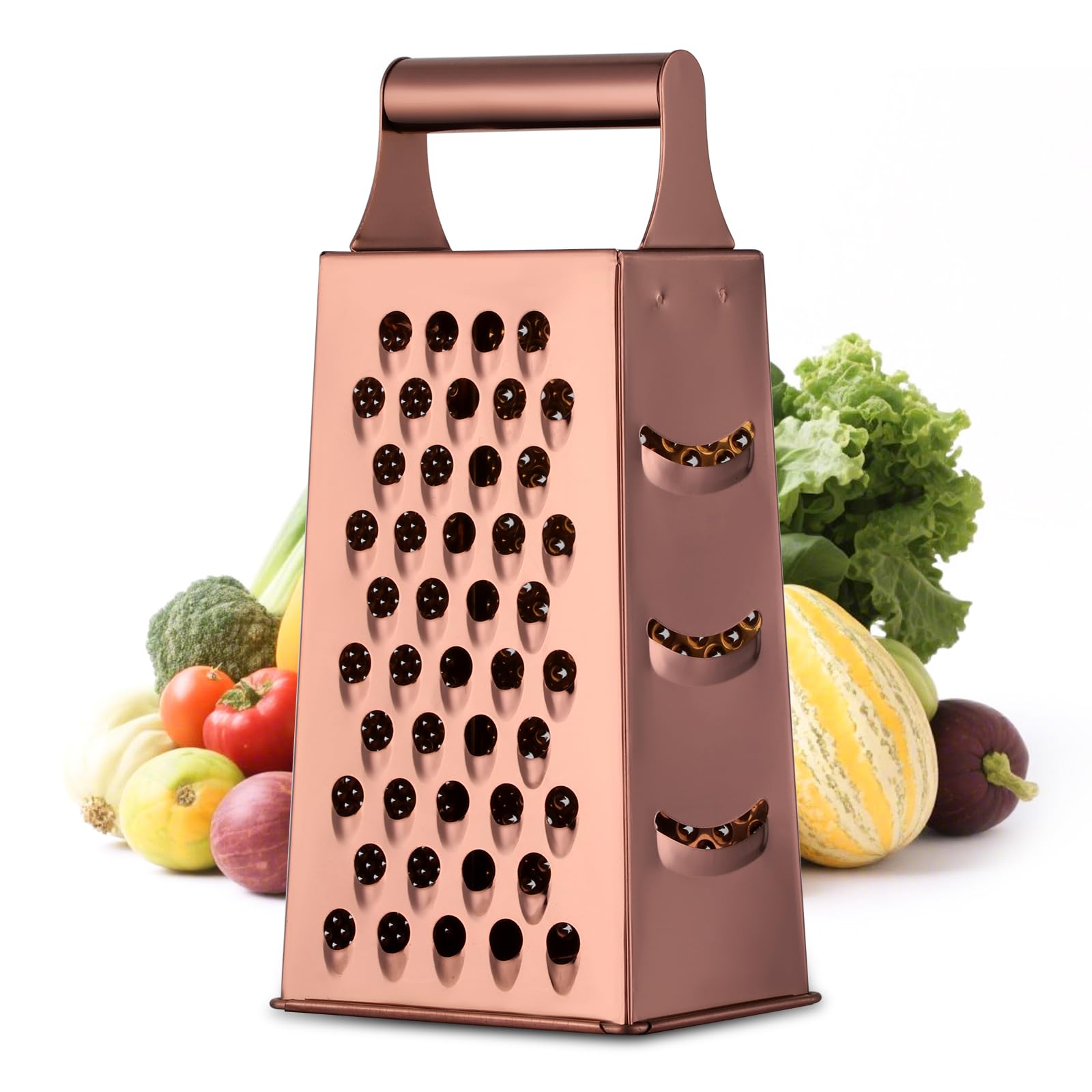 Buyer Star Stainless Steel 4-Sided Grater, 9.37 Inch Multifunctional Cheese Grater, Suitable for Vegetables,Vegetable Grater, Zester, Dishwasher Safe (Rosegold)