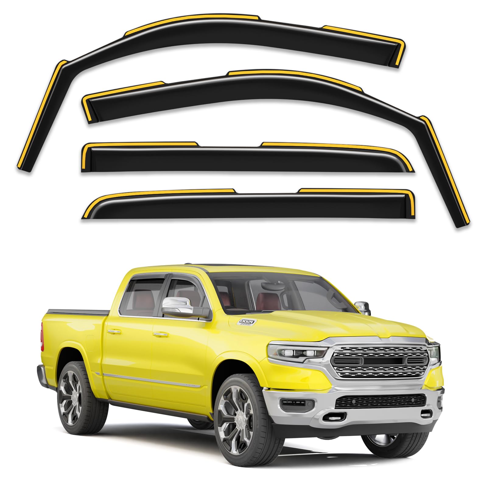 Deejecsun in-Channel Window Rain Guards Fit for Dodge RAM 1500 Crew Cab (New Body Style Includes TRX) 2019-2026 Rain Guard Extra Durable Window Deflectors Vent Visors Vent Shades Truck Accessories