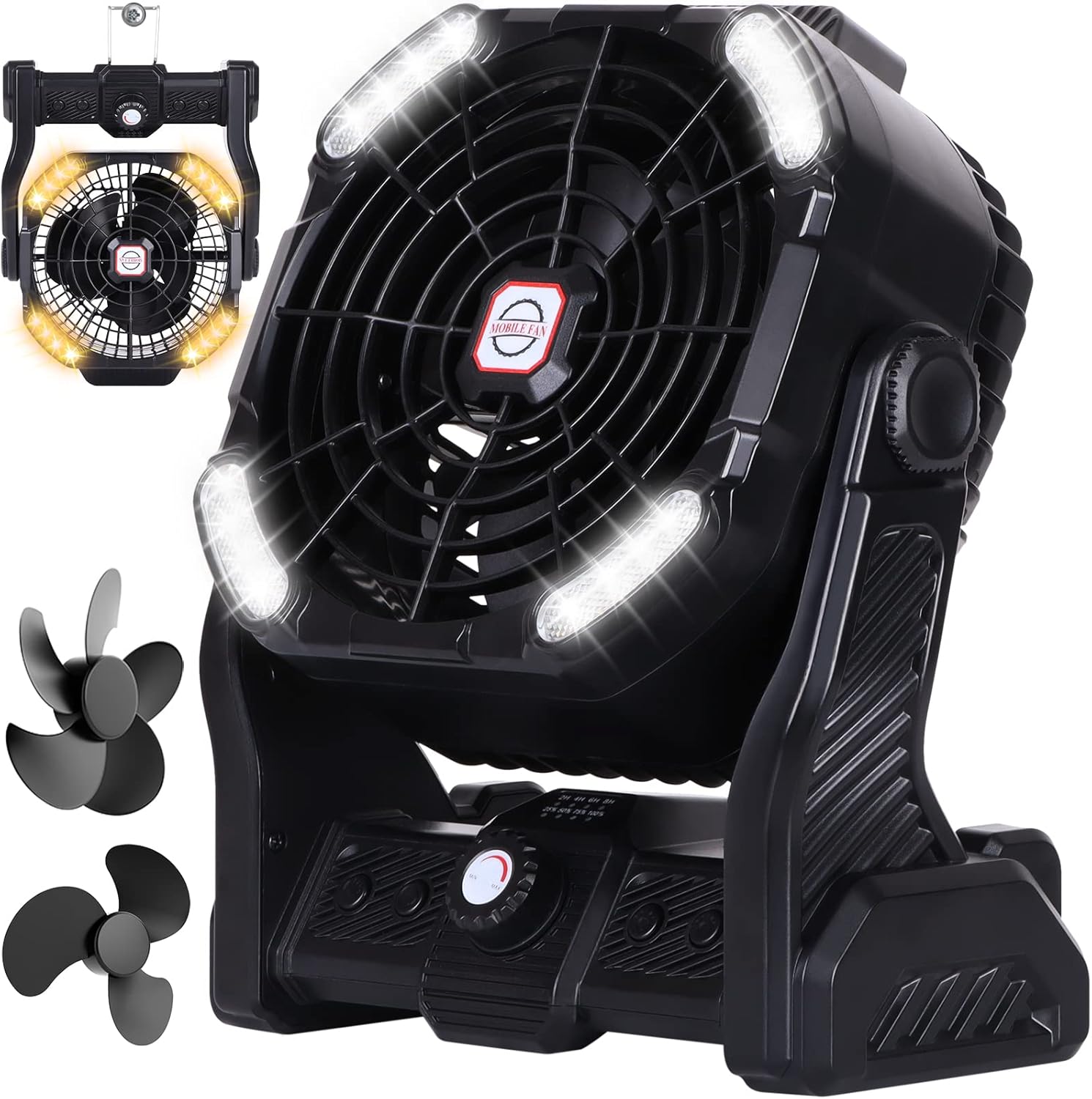 RUNTOP 20000mAh Battery Operated Fan, Battery Powered 2 Blades Camping Fan, USB Rechargeable Desk Fans with 2 Colors LED Light & Hook,Timer, Outdoor Portable Fans for Camping, Fishing, Hurricane
