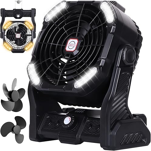 Miniatura 10 de RUNTOP Ventilador de camping con luz LED, 20000 mAh recargable alimentado por batería para tienda de campaña al aire libre con gancho, rotación de