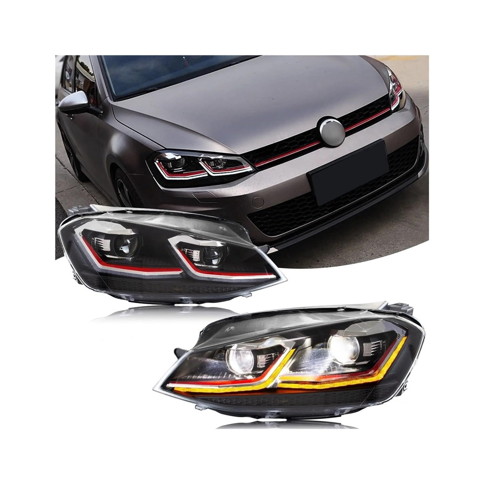 XUHRJOHI LED Sequential Headlights Compatible For VW Golf 7 VII MK7 2014-2017 Front Lamps(RED)