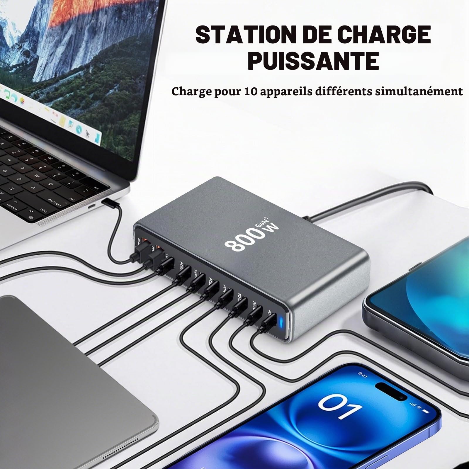 800W Station de Charge - Chargeur Rapide à 10 Ports avec 8 Ports USB C + 2 Ports USB A, Caricatore USB Multiplo Compatible avec MacBook, iPad, iPhone séries 16/15/14, Galaxy S22/ S20, Dell, HP