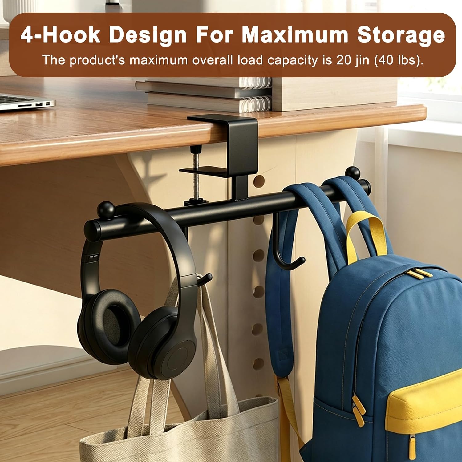 Heavy-Duty Backpack Hanger for Desk, T-Shape Desk Bag Holder Holds 40 lbs | Adjustable Clip-On Purse Hook for Desktops & Cabinets 0.39-1.3'' for Office Classroom Home (Black)
