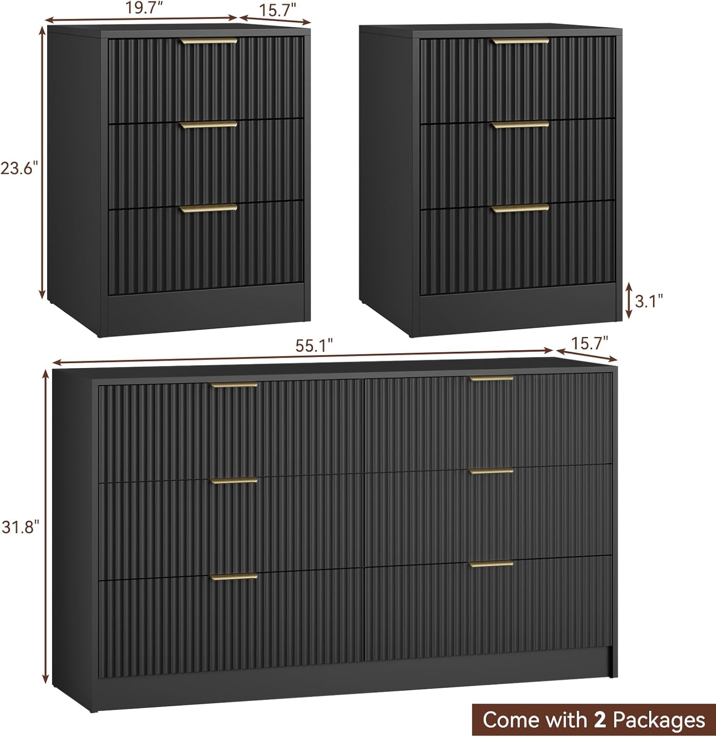 Diagram showing the dimensions of the dresser and nightstands