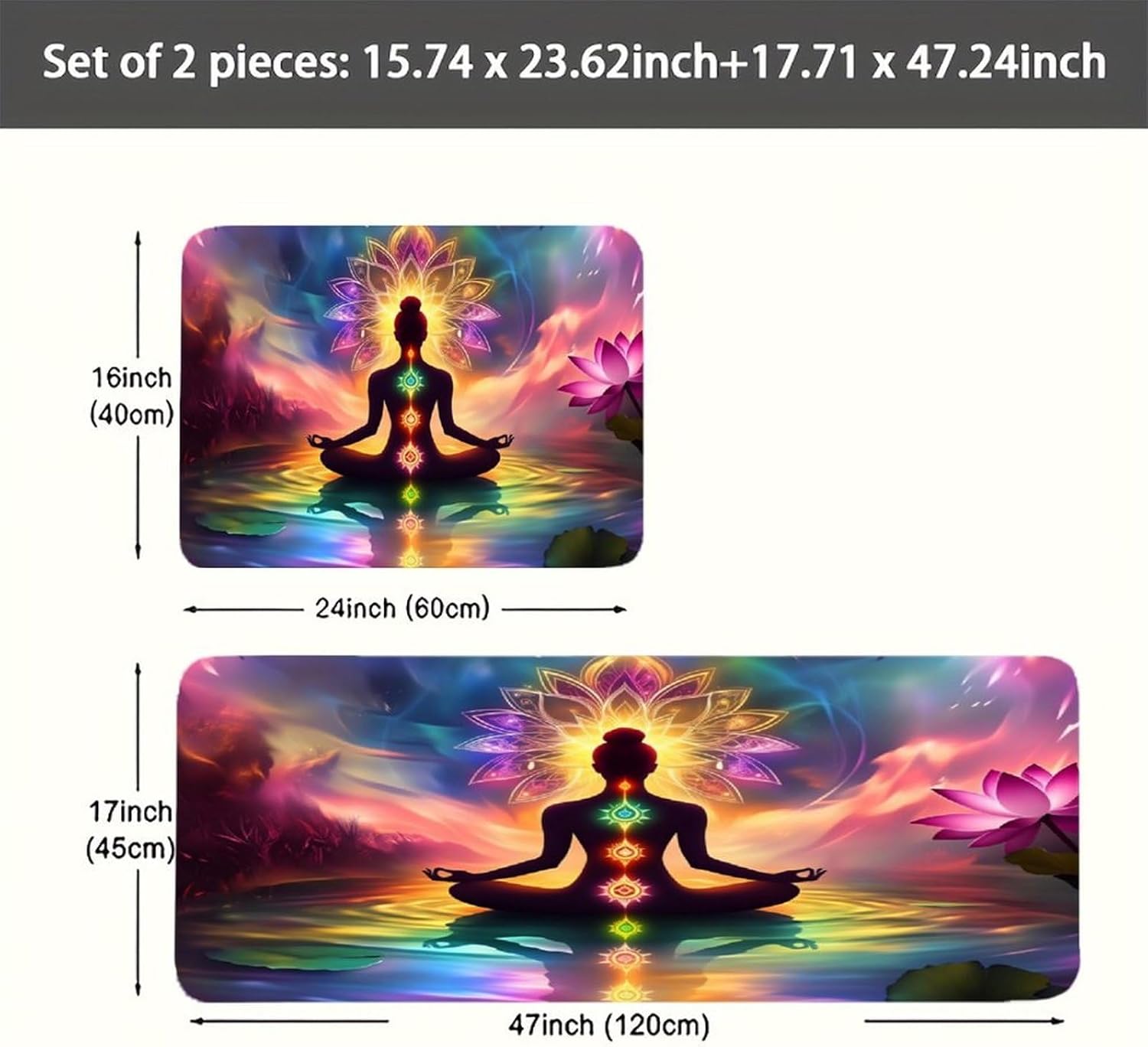 Meditation Mandala Kitchen Mat 2 Piece Non Slip Absorbent Floor Cushioned Anti Fatigue Pad Washable for Laundry Room Bathroom Office 47'' X 17''+24'' X 16''