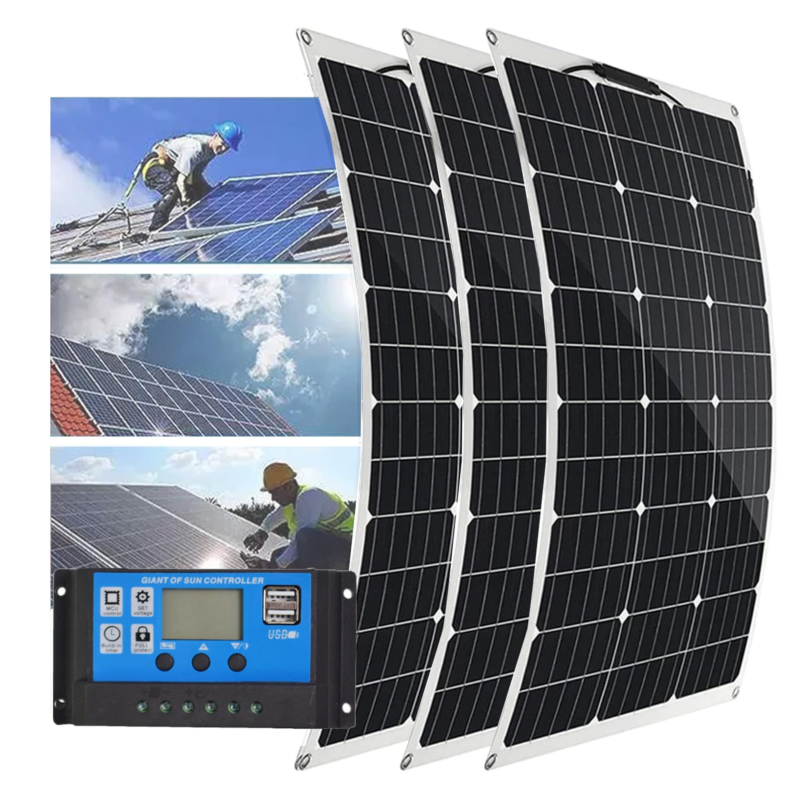 Pannelli Solari Flessibili con Controller 40A, 18V 150W/300W/450W/600W Modulo PV Monocristallino Impermeabile per Campeggio, Barca, Roulotte, Camper, off-Grid, Scelta Verde 3x150W