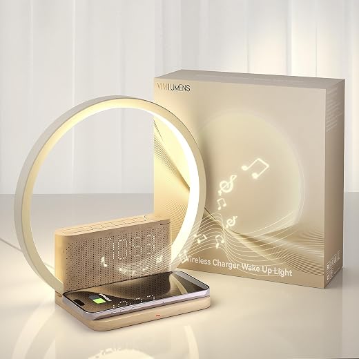 Vivilumens Sunrise Alarm Clock Wireless Charger, 10 White Noise Sound Machine Alarm Clock with 30 / 60 / 90 Vivilumens Sunrise Alarm Clock Wireless Charger, 10 White Noise Sound Machine Alarm Clock with 30/60/90 Mins Timer, 3 Levels Touch Night Light Dual Clocks for Heavy Sleeper Bedroom Decor Gift for Her