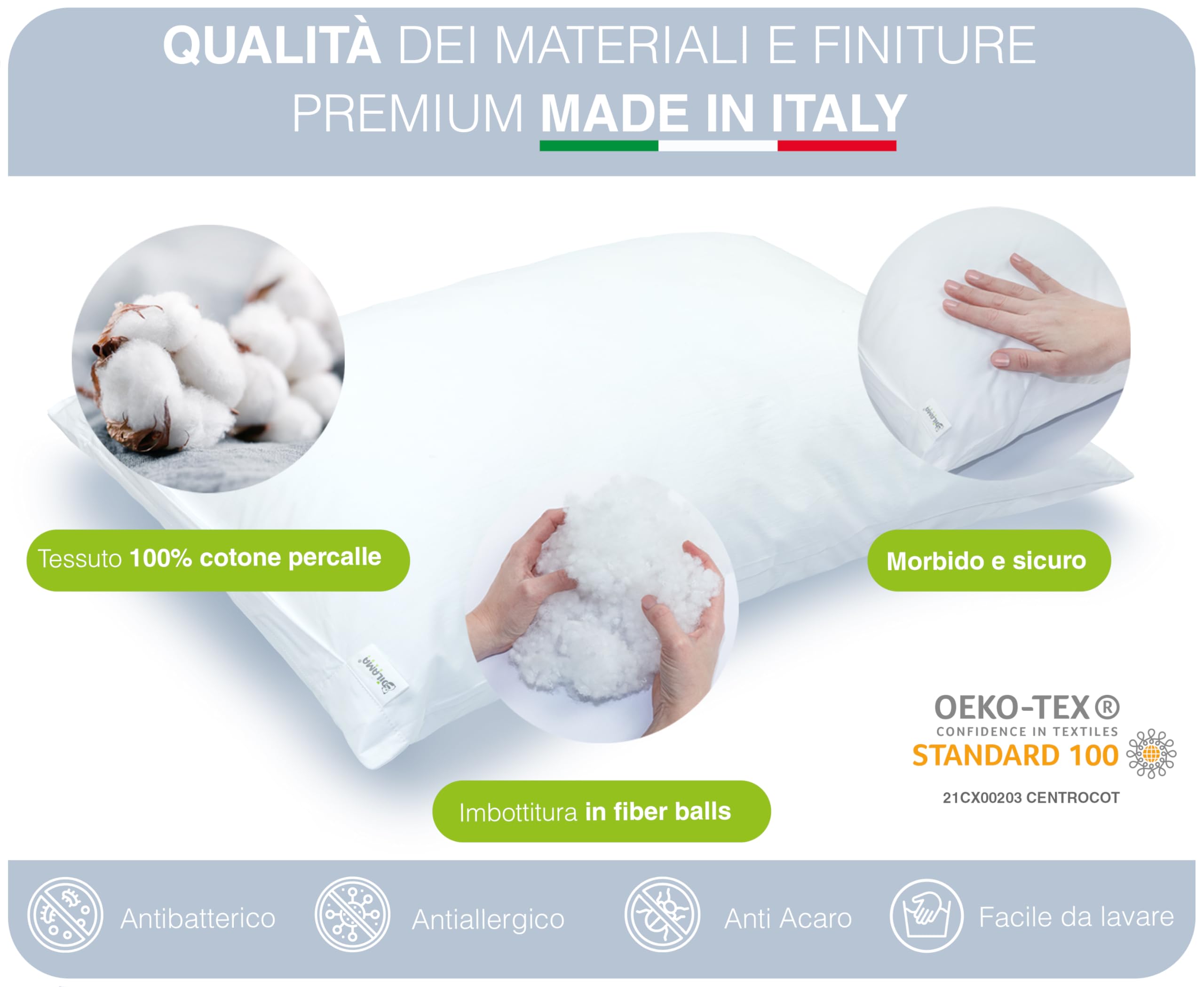 Dilamababy Cuscino Lettino Bambino 40x60 Regolabile in Altezza - 100% Made in Italy - 2-6 Anni - Anallergico Antiacaro Lavabile - Federa Cotone Percalle Oeko Tex