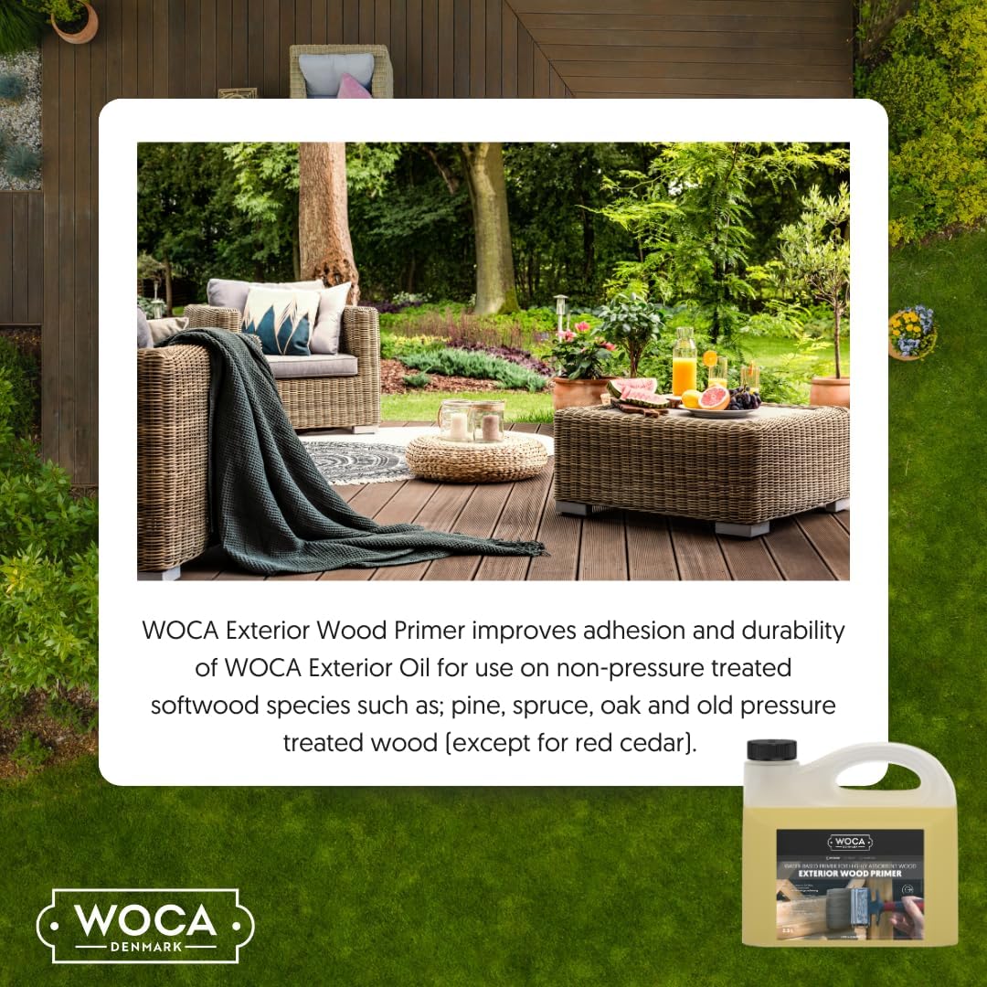 WOCA Denmark Exterior Wood Primer |2.5 L| is an environmentally friendly clear exterior wood primer – Water-based Primer for Reducing cracking of wood and protecting against moisture damage