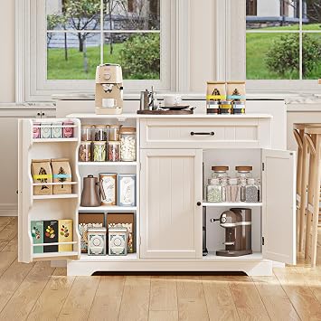 Gizoon Kitchen Coffee Bar Cabinet with Storage Kitchen Sideboard Buffet Cabinet with Drawers, Short Pantry with Door and Shelves for Bathroom and Living Room, White, Painted