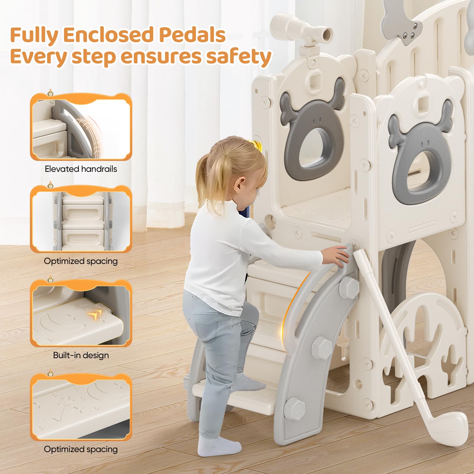 Krovtoy Scivolo per bambini 7 in 1, a tema alce natalizio con set da golf, scivolo per bambini da 1 a 3 anni (Alce- Beige grigio 7 in 1)