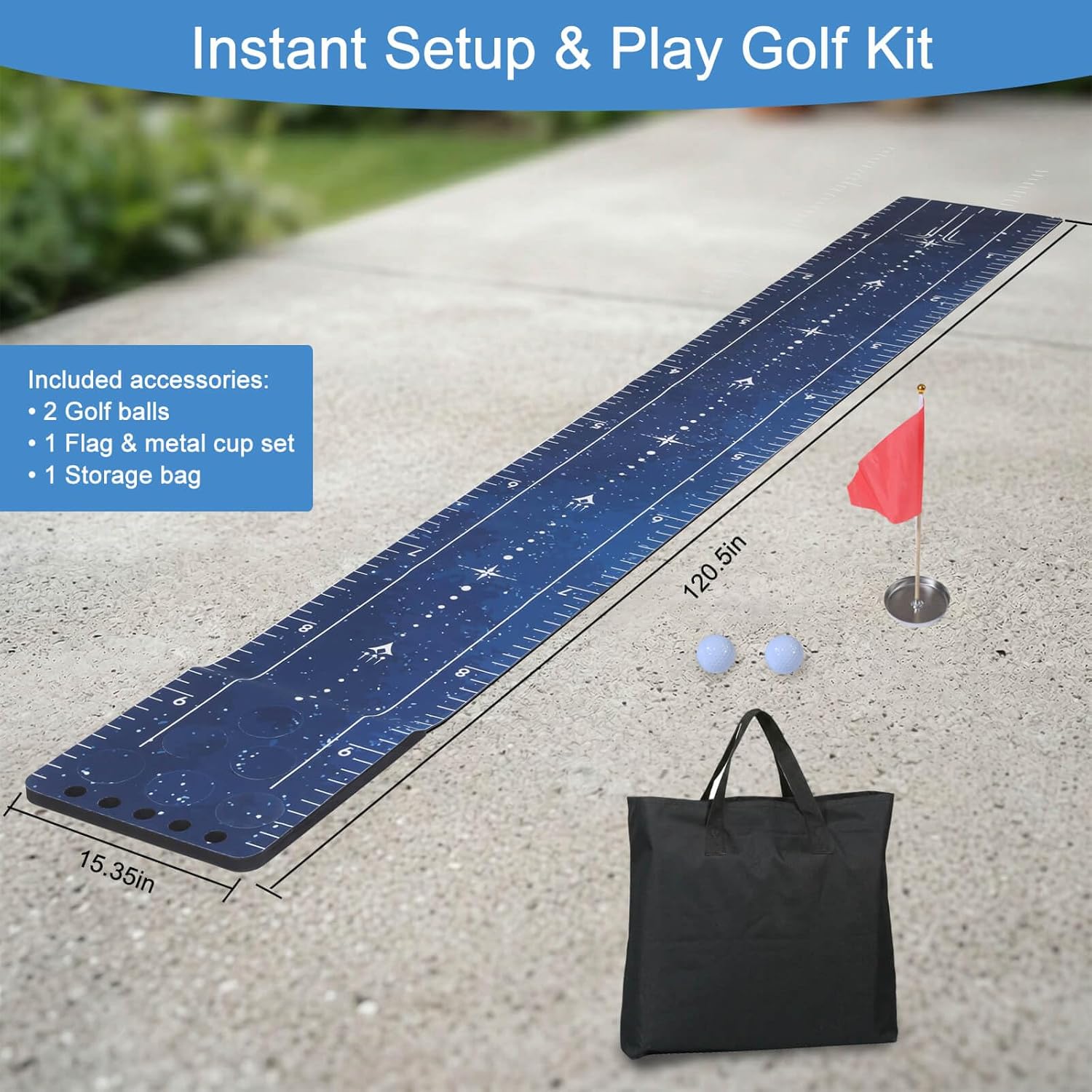 Chriiena Golf Putting Game Mat, Indoor Putting Green Set with 2 Balls, 1 Storage Bag, 1 Flag & Cup, Portable Pong Game Mat for Backyard Party Use