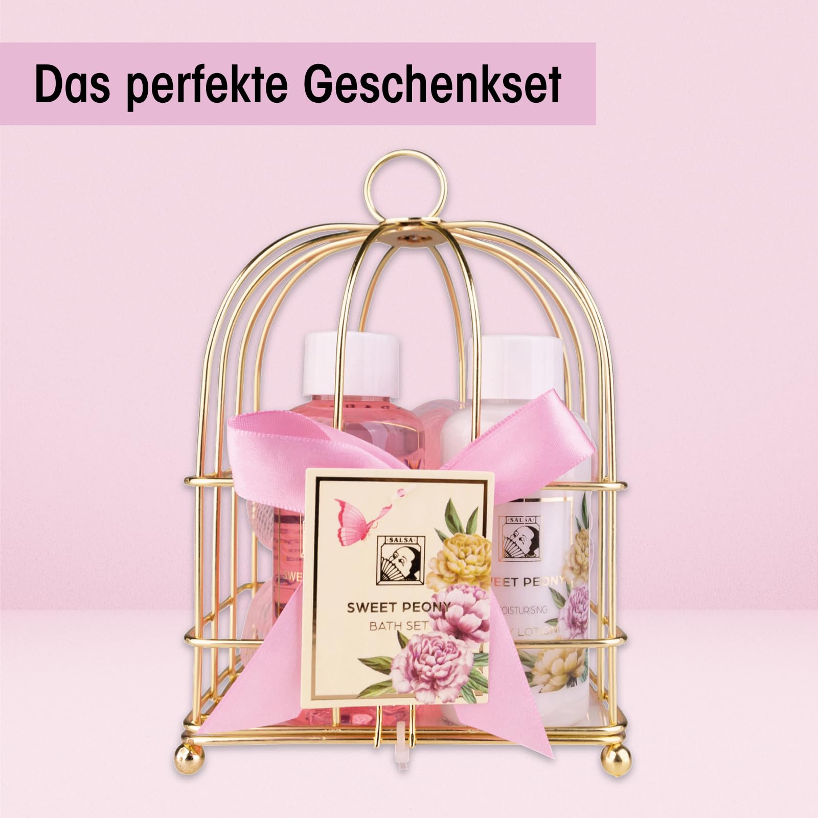 Accentra Zestaw prysznicowy dla kobiet, zestaw upominkowy Sweet PEONY w przepięknym drucianym koszu – 3-częściowy zestaw do pielęgnacji z żelem pod prysznic, balsamem do ciała i gąbką do kąpieli –