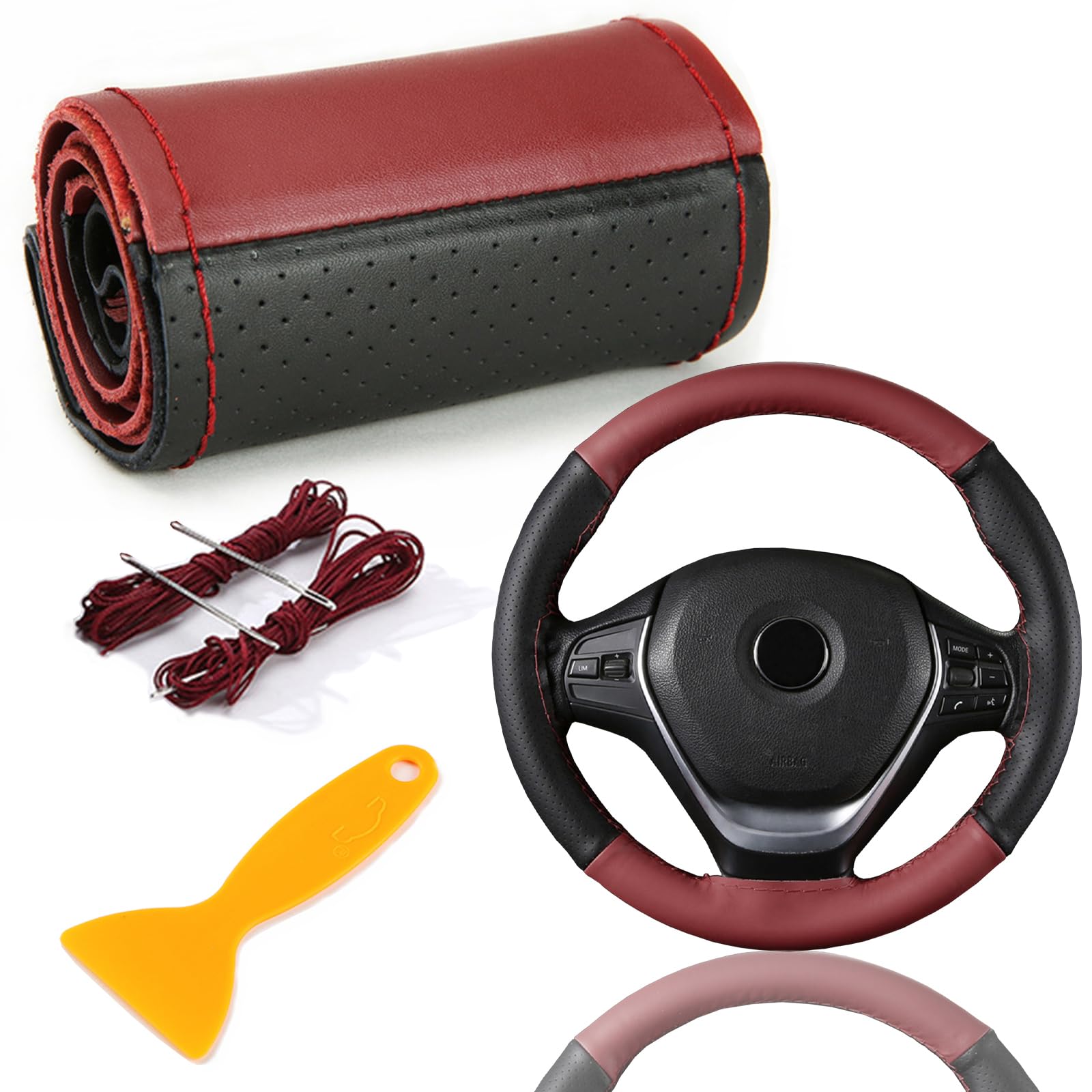 Echtes Leder Lenkradbezug, Lenkradbezug Zum Nähen, Lenkradbezug Leder Universal Passform 37-39 cm Autolenkräder, Zweifarbiger Lenkradbezug aus Leder (schwarz, weinrot)
