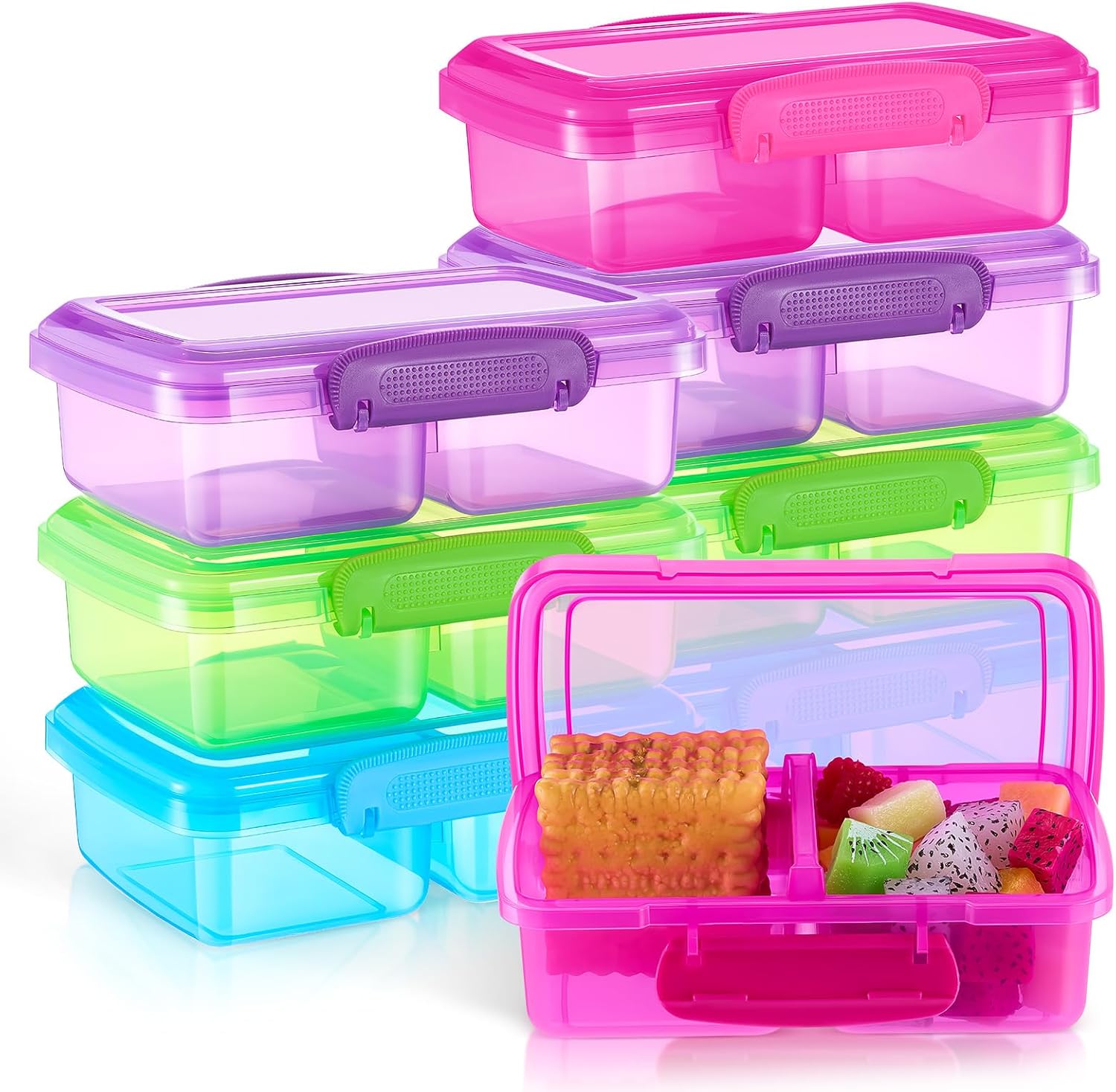 FoldTier 8 Pack Plastic Snack Containers with Lids Reusable 2-compartment Snack Containers Travel Bento Lunch Boxes for Fruits/candies, Divided Food Storage