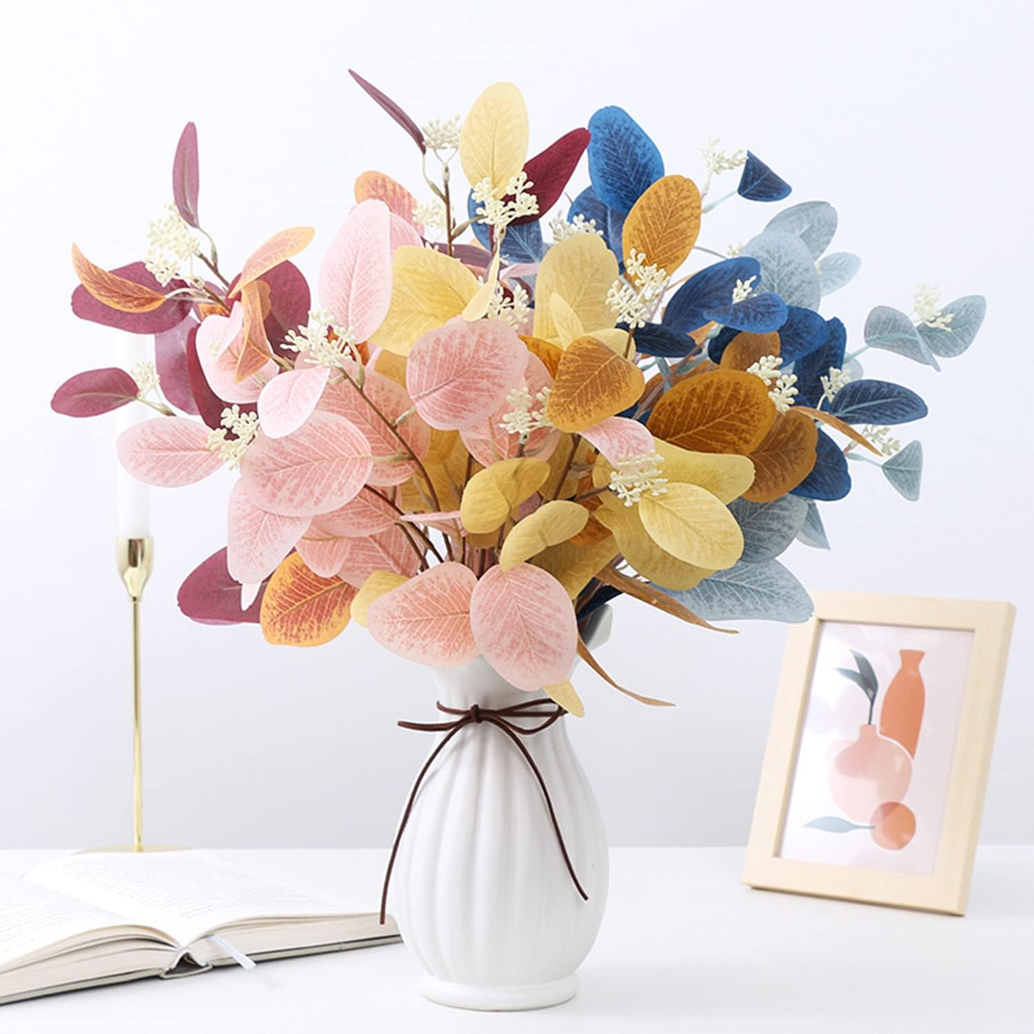 6 Pcs Blue Artificial Eucalyptus Stems 20'' Faux Silver Dollar Leaves Branches for Home Centerpiece Vase Flowers Decoration
