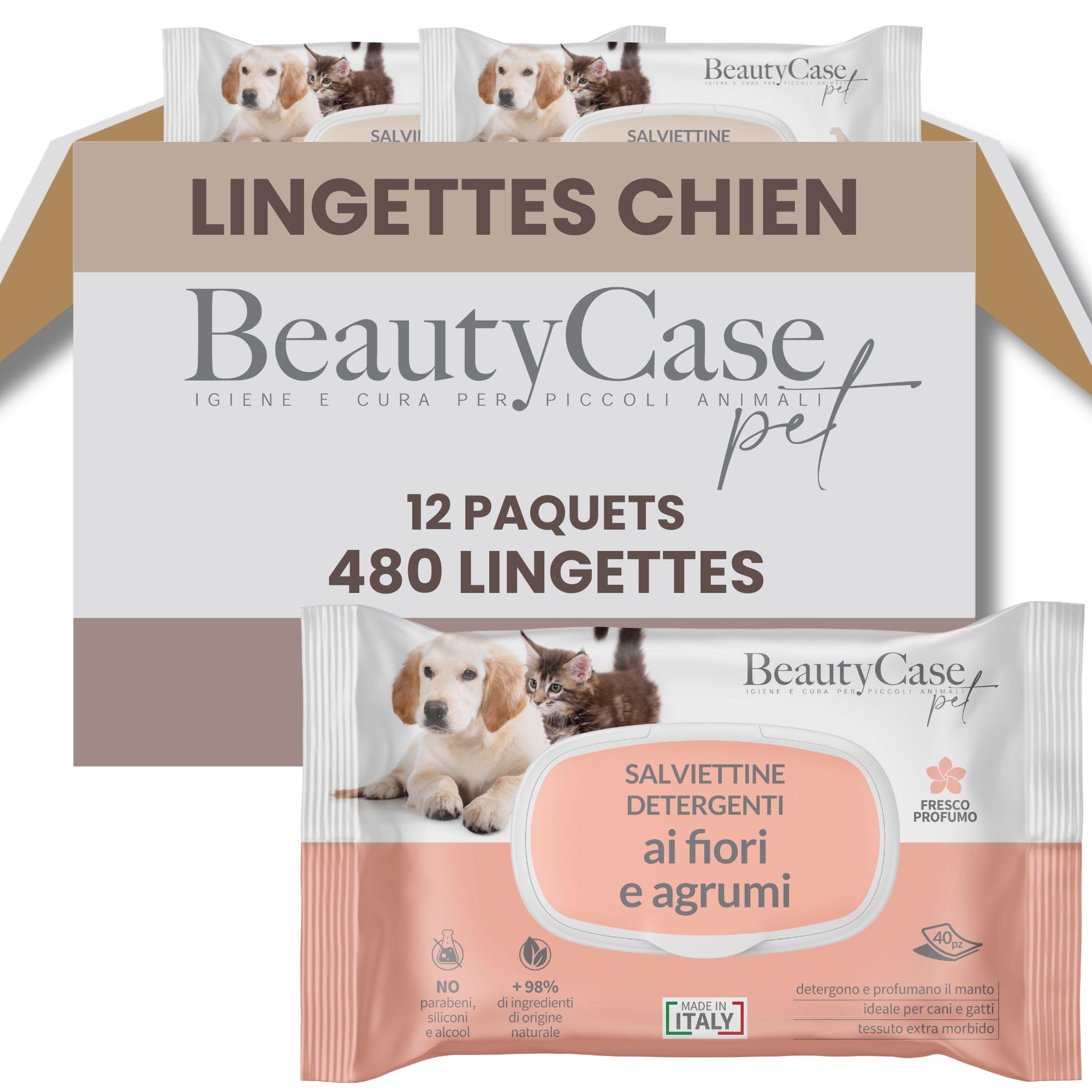 Beauty Case Lingette Chien 480 pcs (12x40) - Lingettes Douces pour Chien, Chiot et Chat - Extra Large 20x30cm - Corps et Pattes - Senteur Fleurs Fraîches & Agrumes