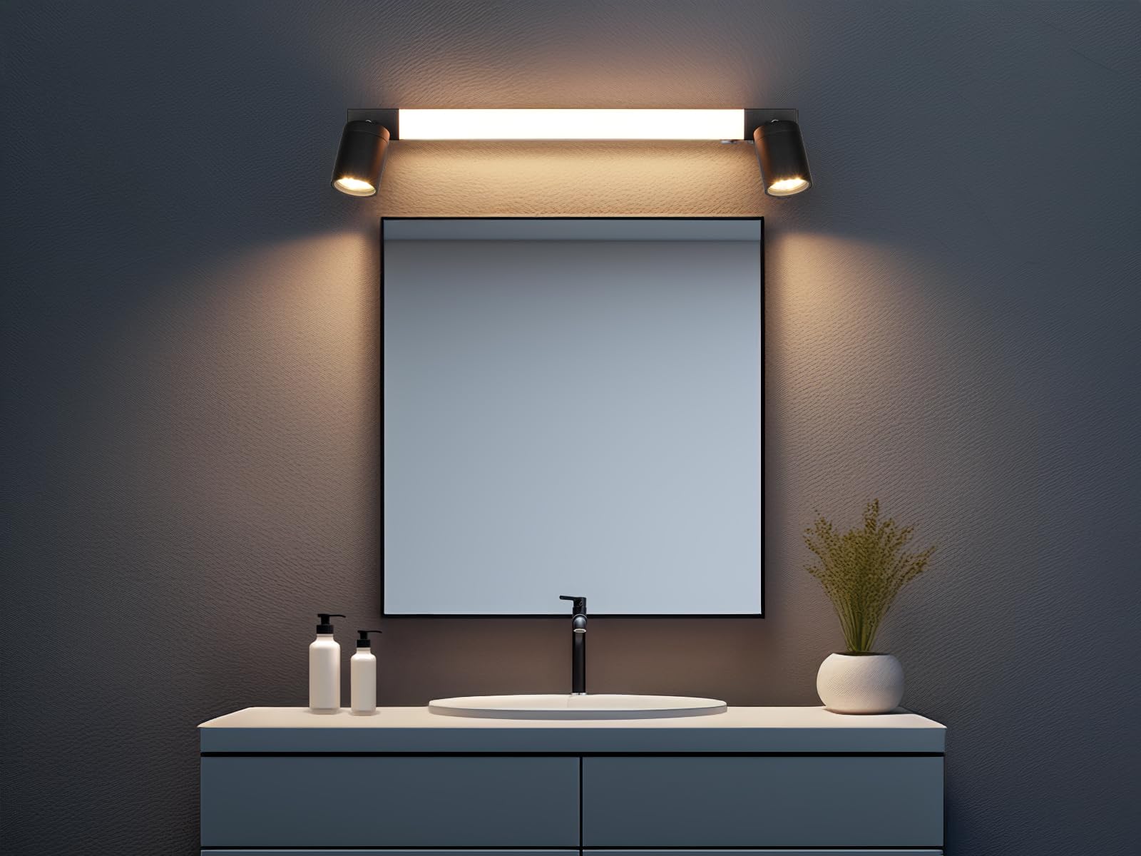 Lampada da specchio da bagno con 2 faretti e interruttore, colore nero, larghezza 60 cm