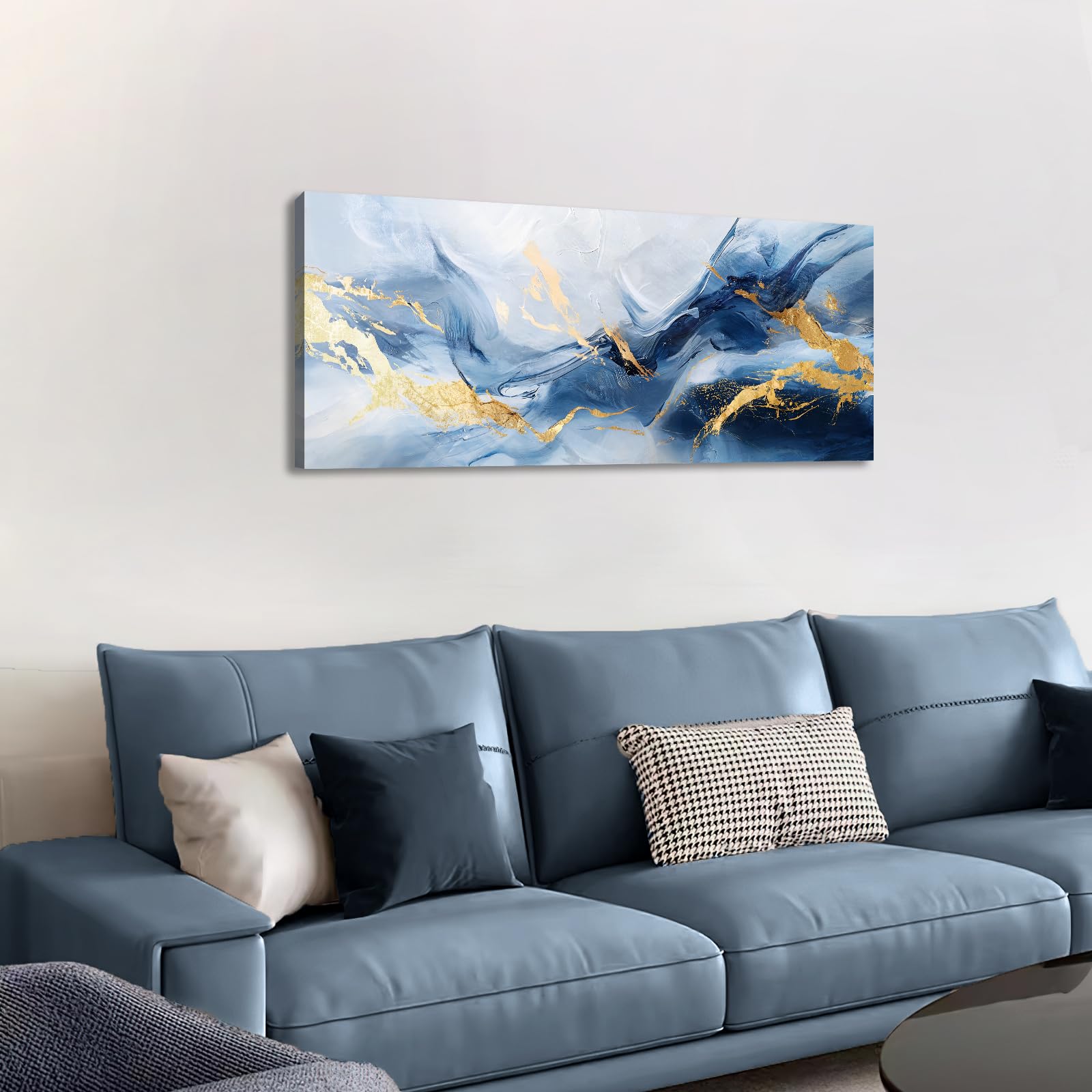 WENGTIAO Abstrait Bleu Marine Gris Or Tableau Decoration Murale Encadré