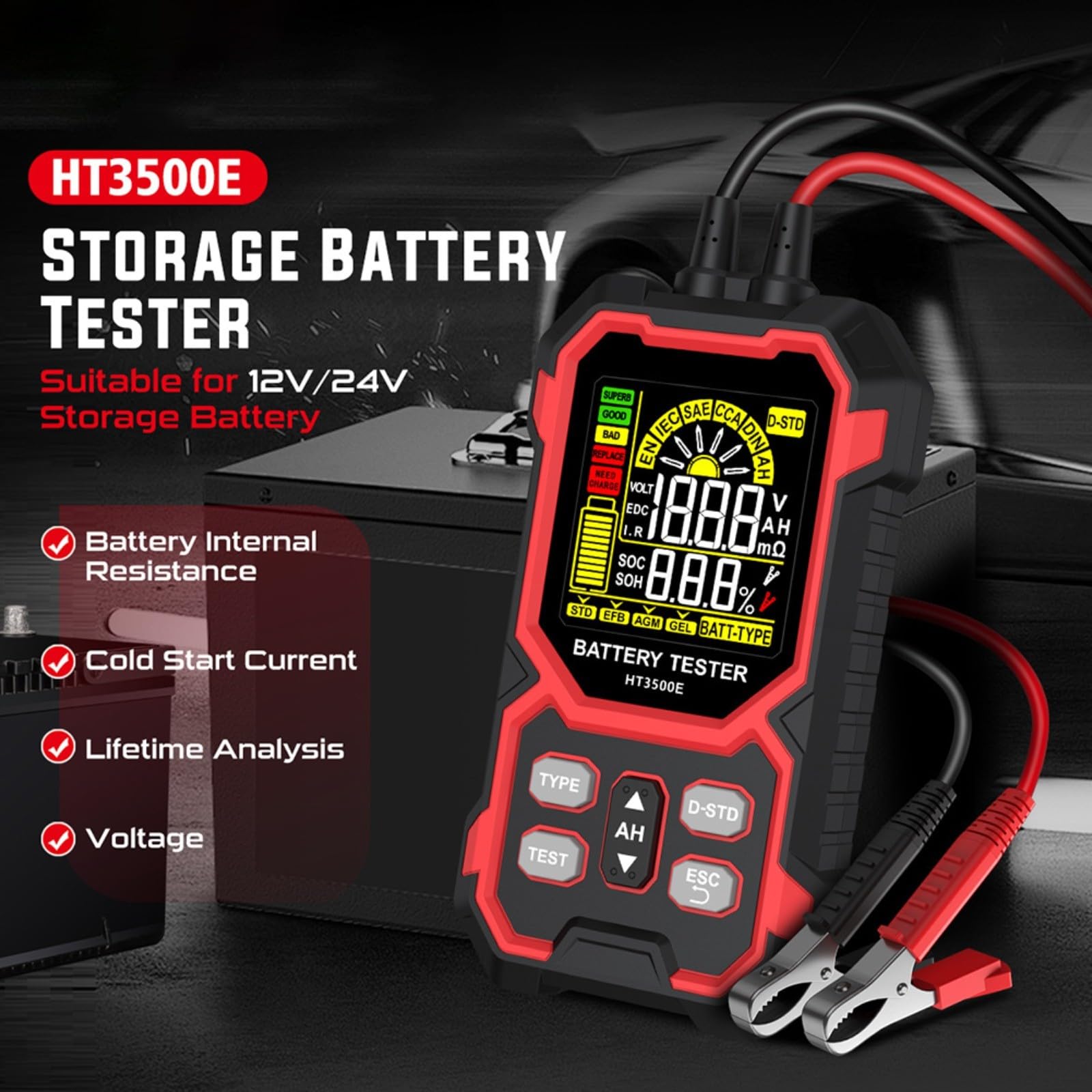 HT3500E Testeur de batterie 12 V/24 V, testeur CC 0-1999 pour voiture, analyse SOC/SOH/IR, compatible avec STD/EFB/AGM/Gel