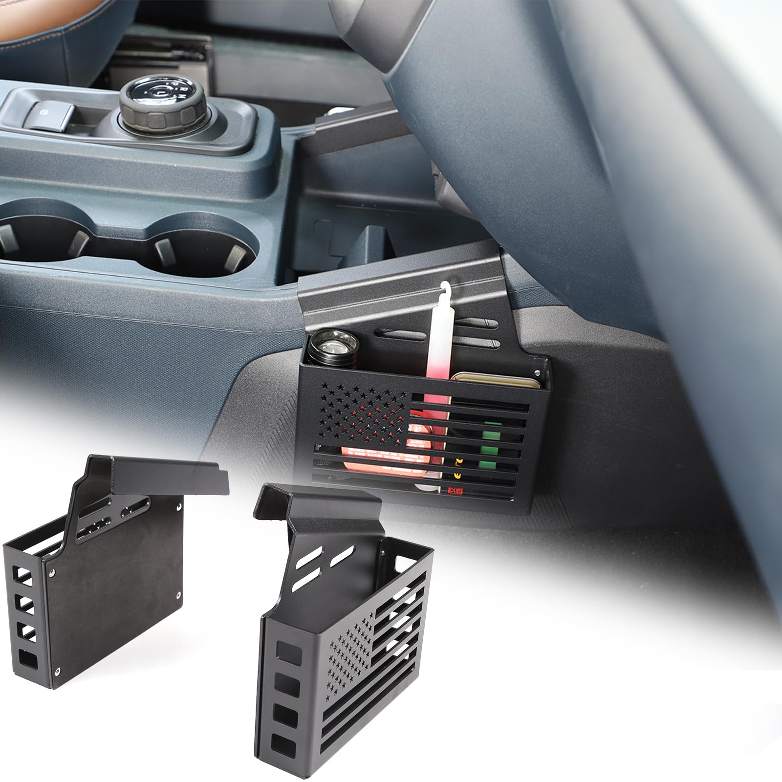 Daeiclru Gear Shift Center Console Side Tray Organizer Compatible with Ford Maverick 2022-2024, Center Console Hanging Storage Box Shifter Storage Box Interior Storage Accessories (US Flag Logo)
